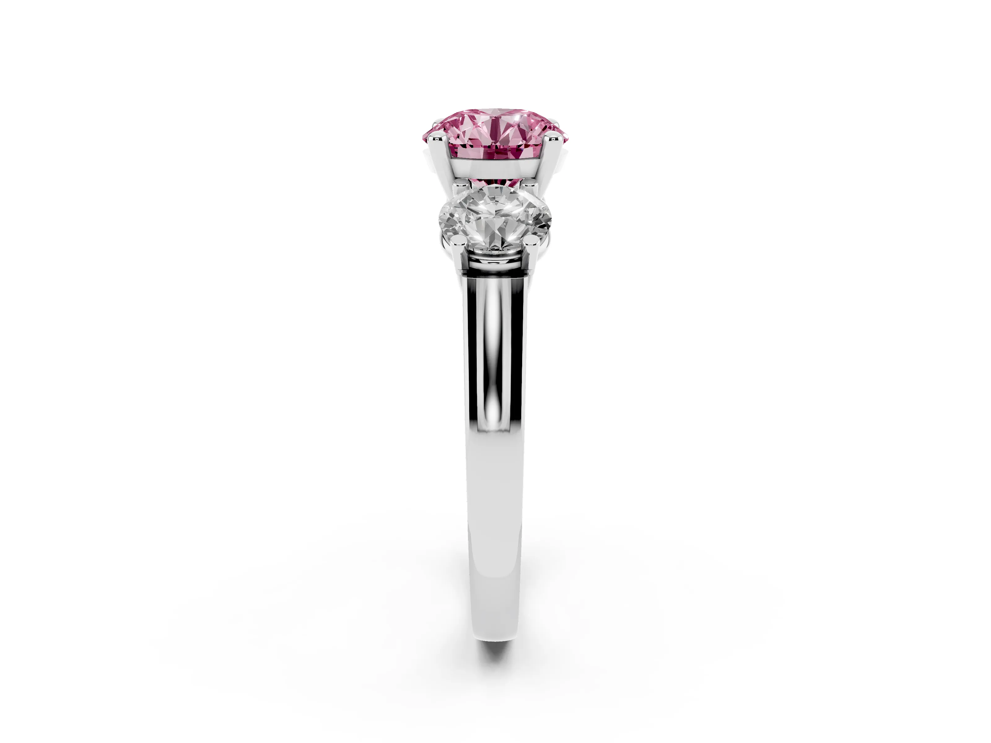 Fancy Pink Round Cut Diamond Three-Stone Trellis Ring Set in White gold with Comfort Fit Band