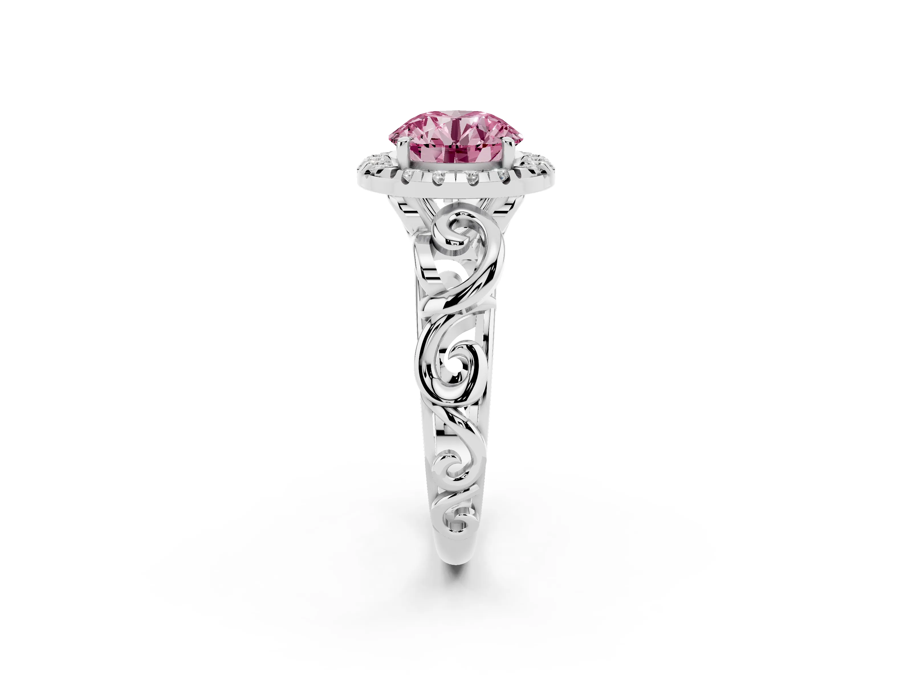 Fancy Pink Round Cut Diamond Halo Ring Set in Platinum with Scrollwork Band and Prong Setting