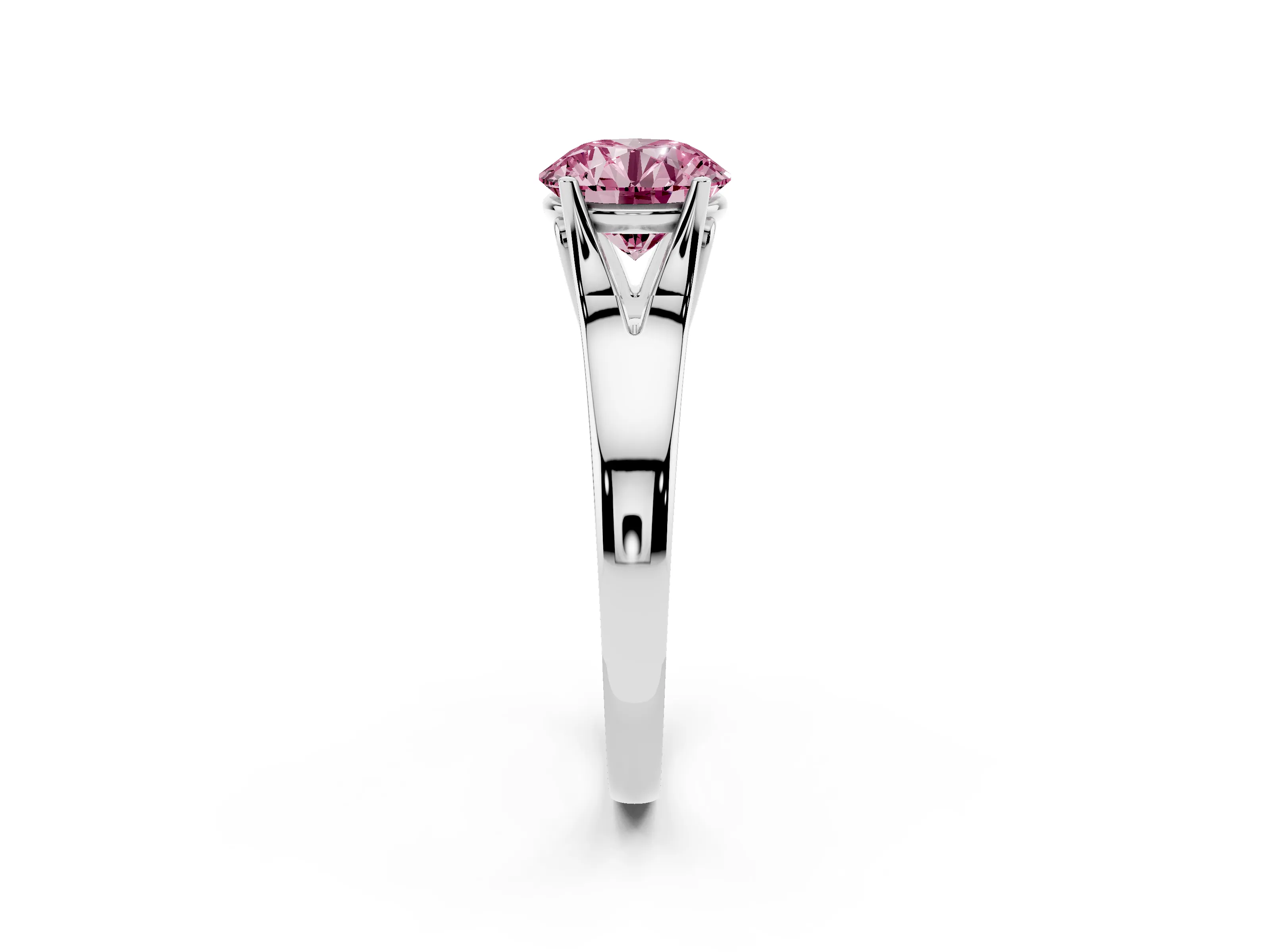 Fancy Pink Round Cut Diamond Solitaire Ring Set in White gold with Arched Cathedral Band and Prong Setting