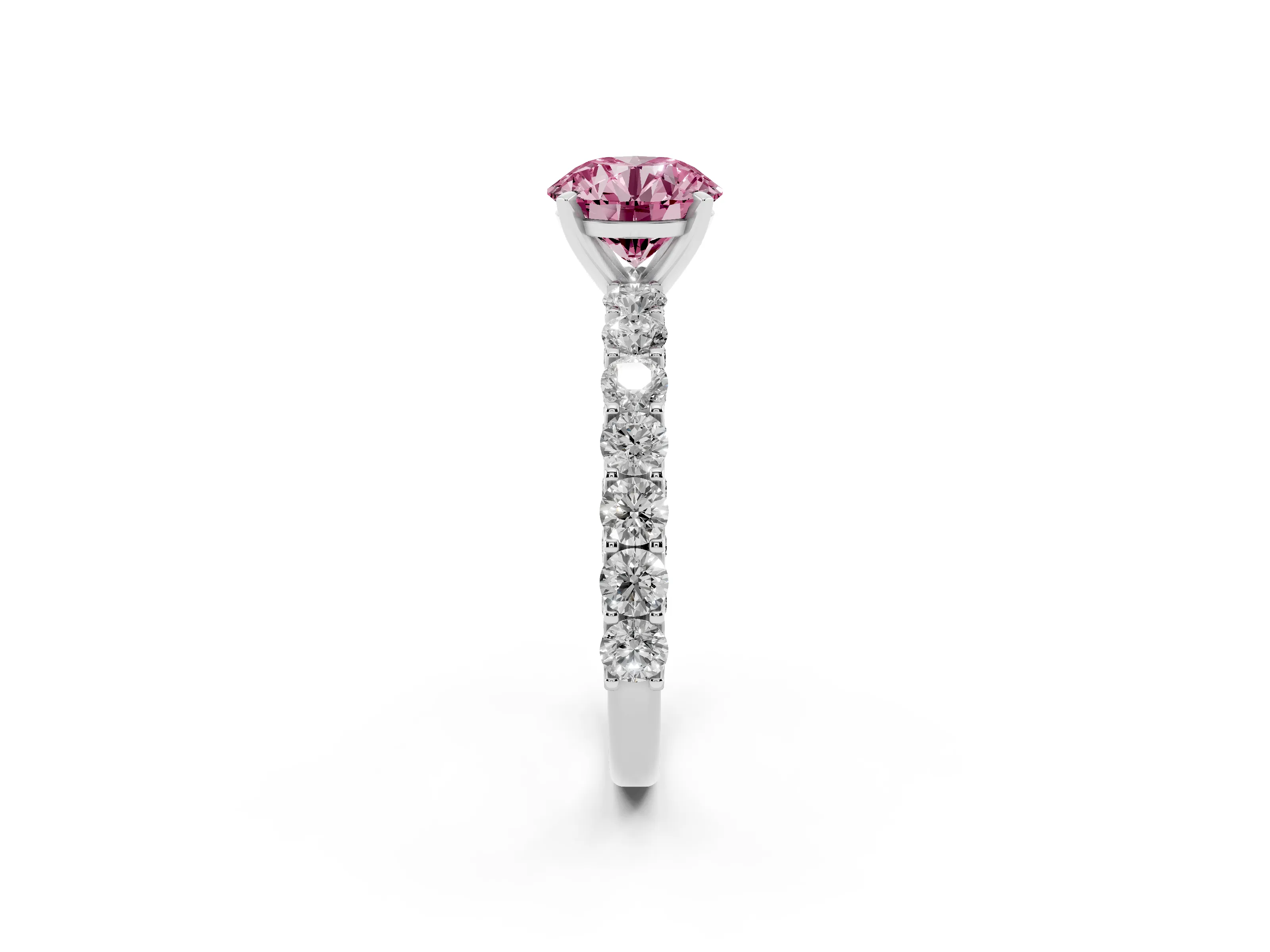 Fancy Pink Round Cut Diamond Solitaire Ring Set in Silver with Shared Prong Pavé Band