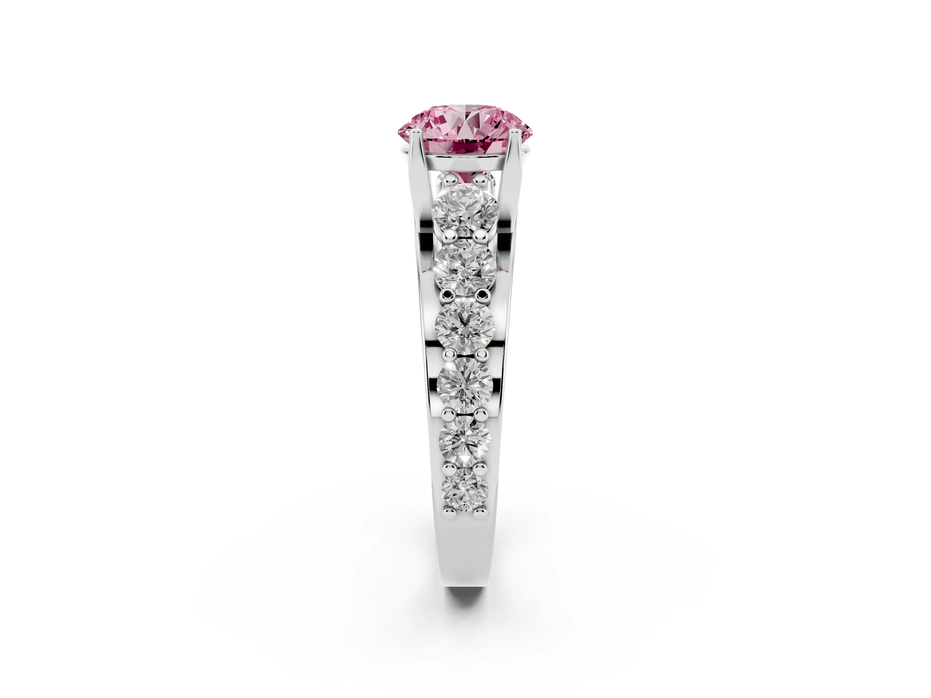 Fancy Pink Round Cut Diamond Pavé Engagement Ring Set in Silver with Prong Setting