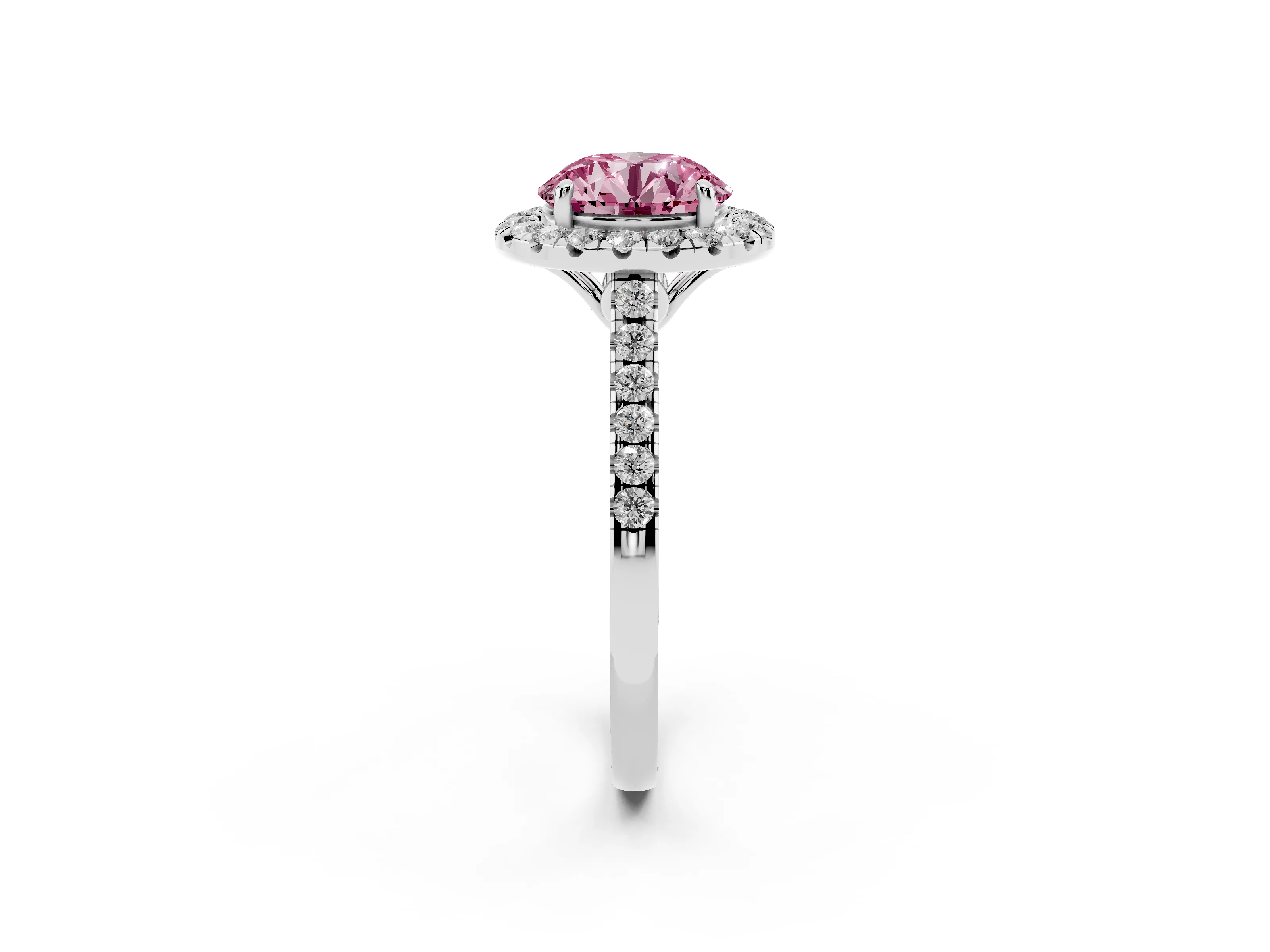Fancy Pink Round Cut Diamond Pavé Halo Engagement Ring Set in White gold with Pavé Band and Prong Setting