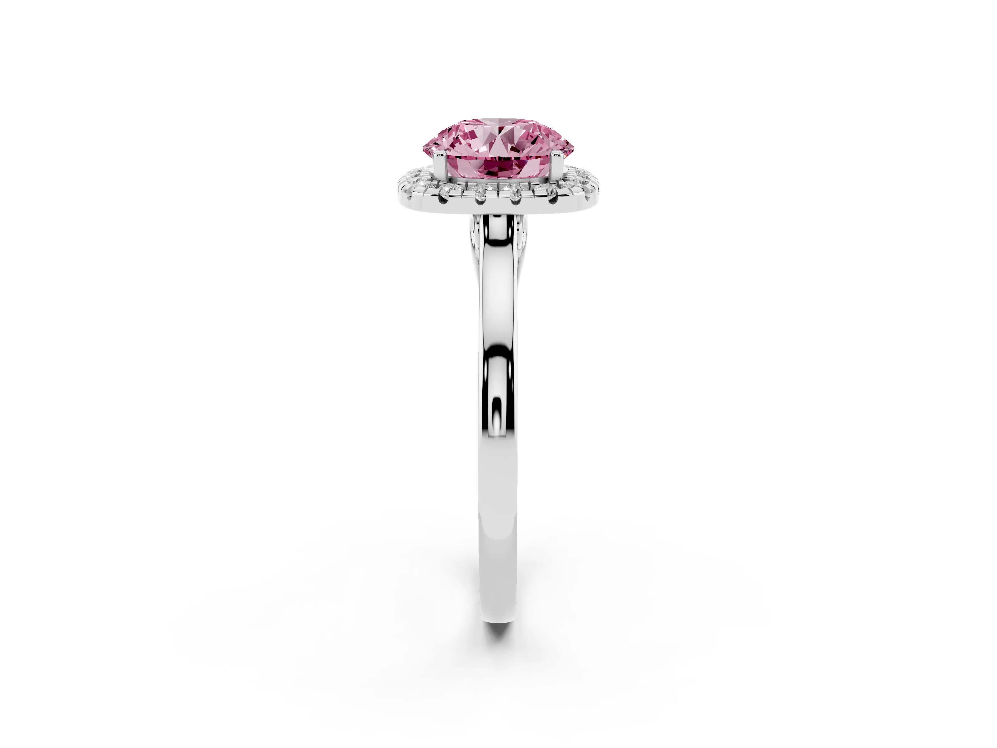 Fancy Pink Round Cut Halo Round Diamond Solitaire Ring Set in Silver with Pavé Band and Prong Setting