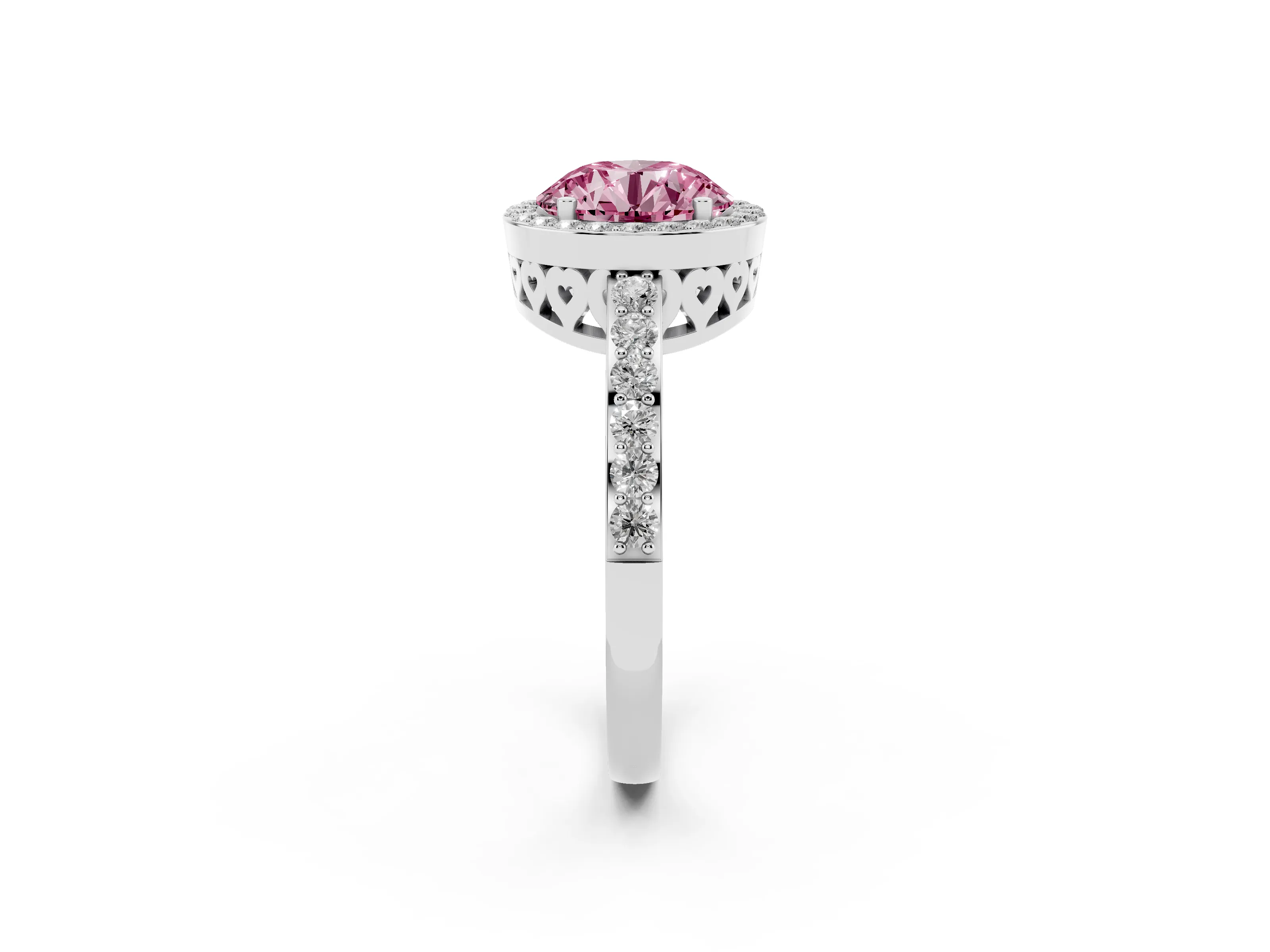 Fancy Pink Round Cut Diamond Halo Ring Set in White gold with Pavé-Setting Band and Open Prong Center
