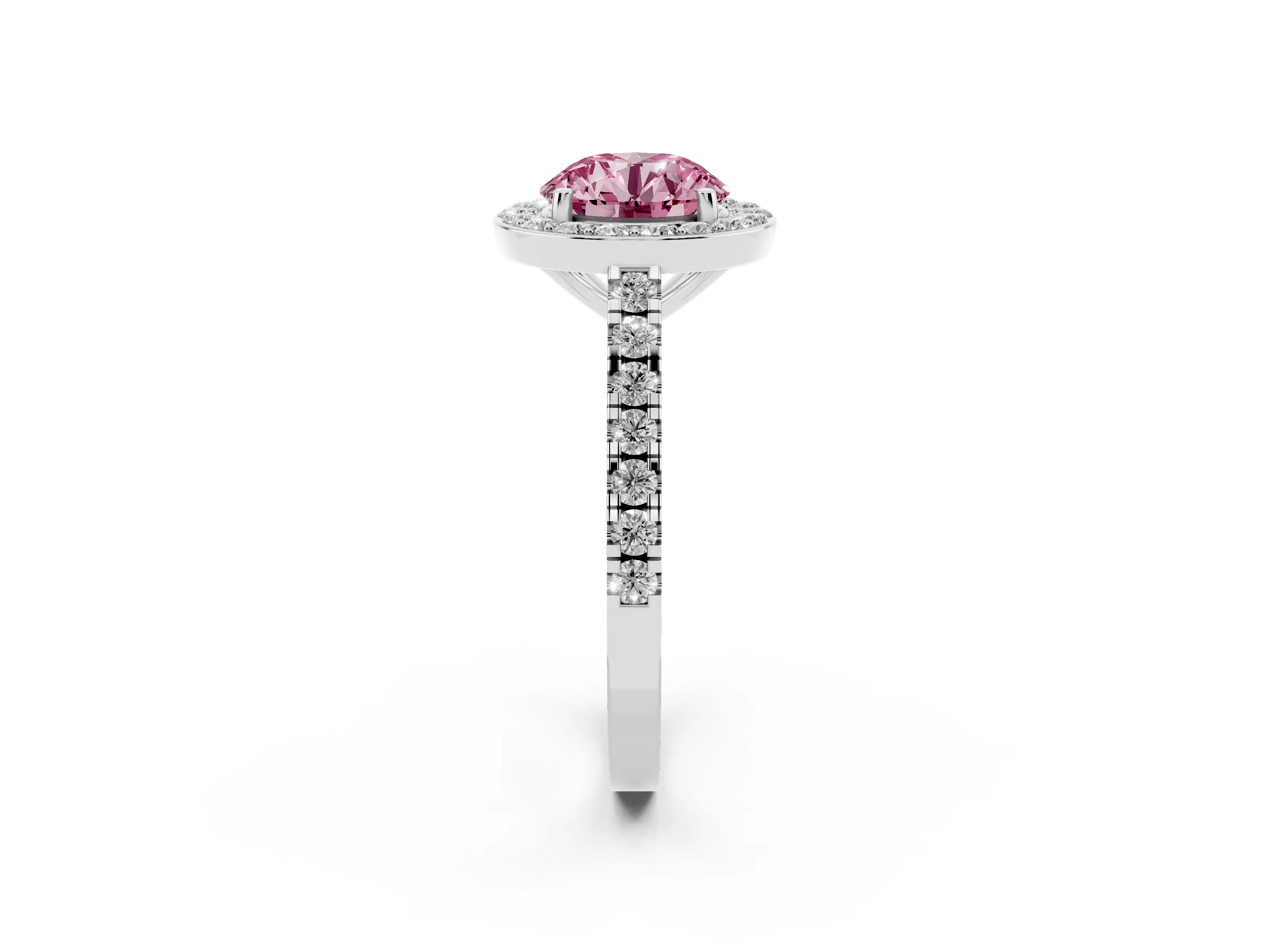 Fancy Pink Round Cut Diamond Halo Ring Set in Silver with Round Pavé Split Shank and Prong Setting