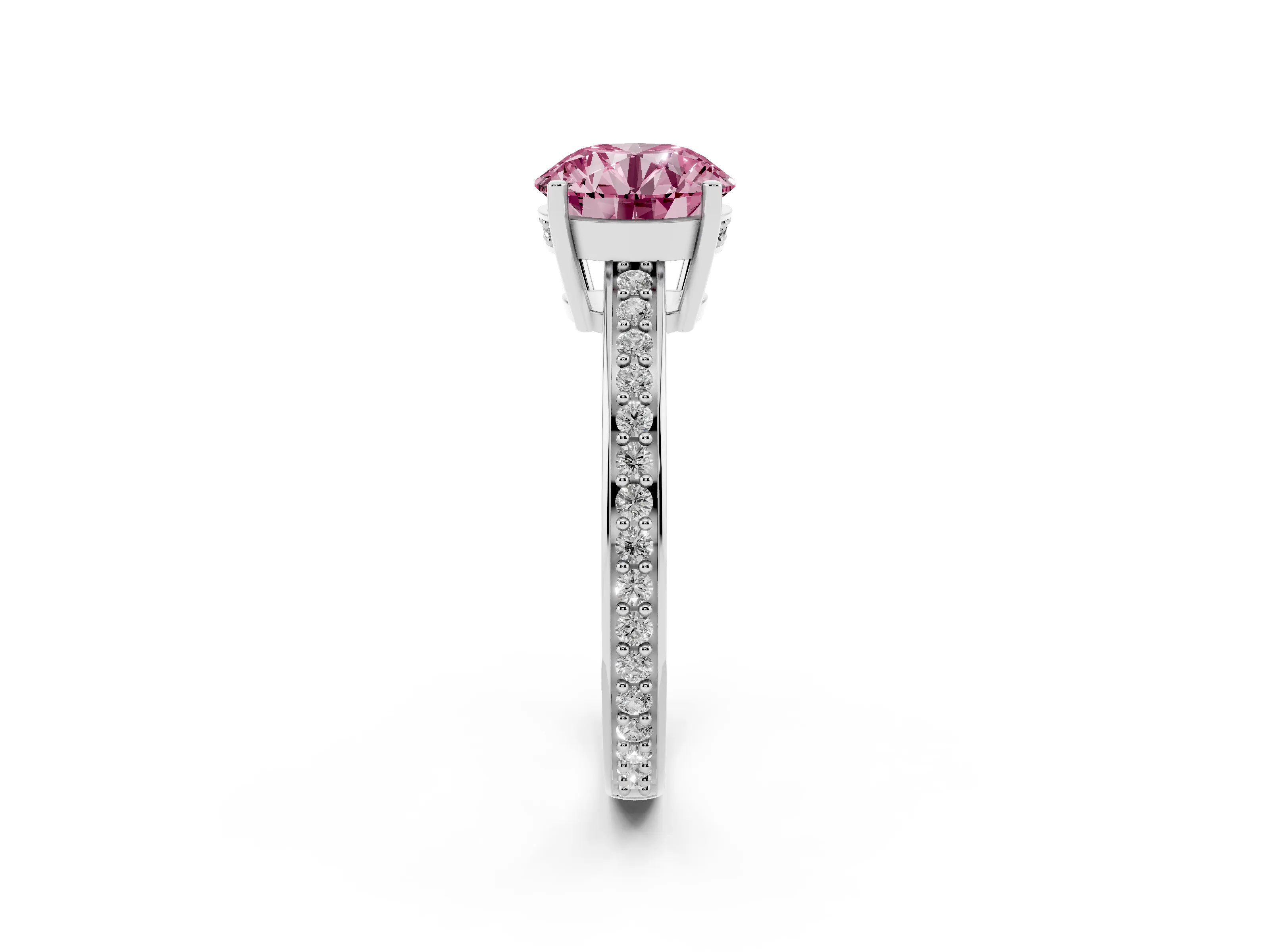 Fancy Pink Round Cut Diamond Pavé Band Prong Set Solitaire Ring Set in Silver