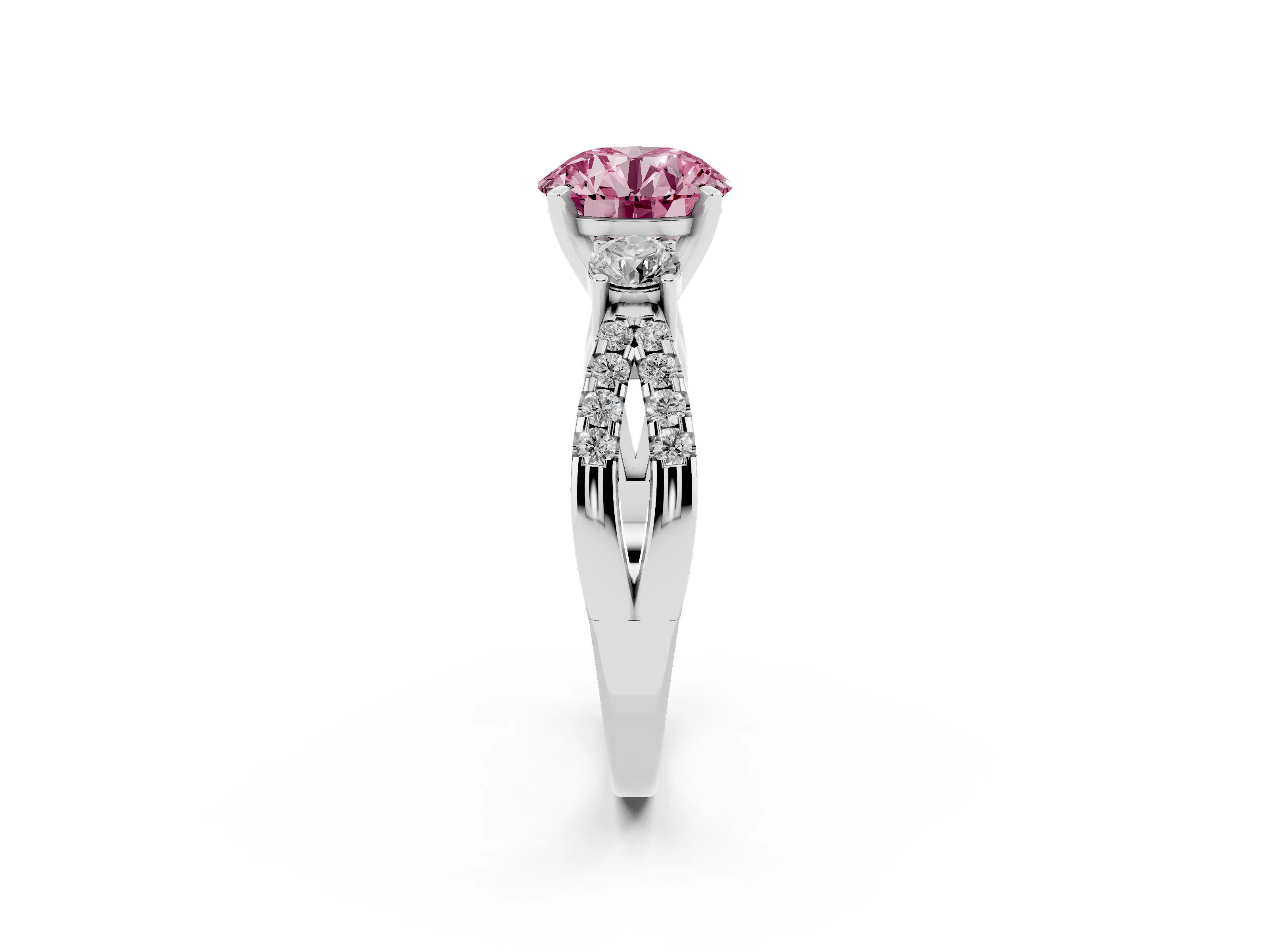Fancy Pink Round Cut Diamond Three-Stone Ring Set in White gold with Pavé Split Shank and Prong Setting