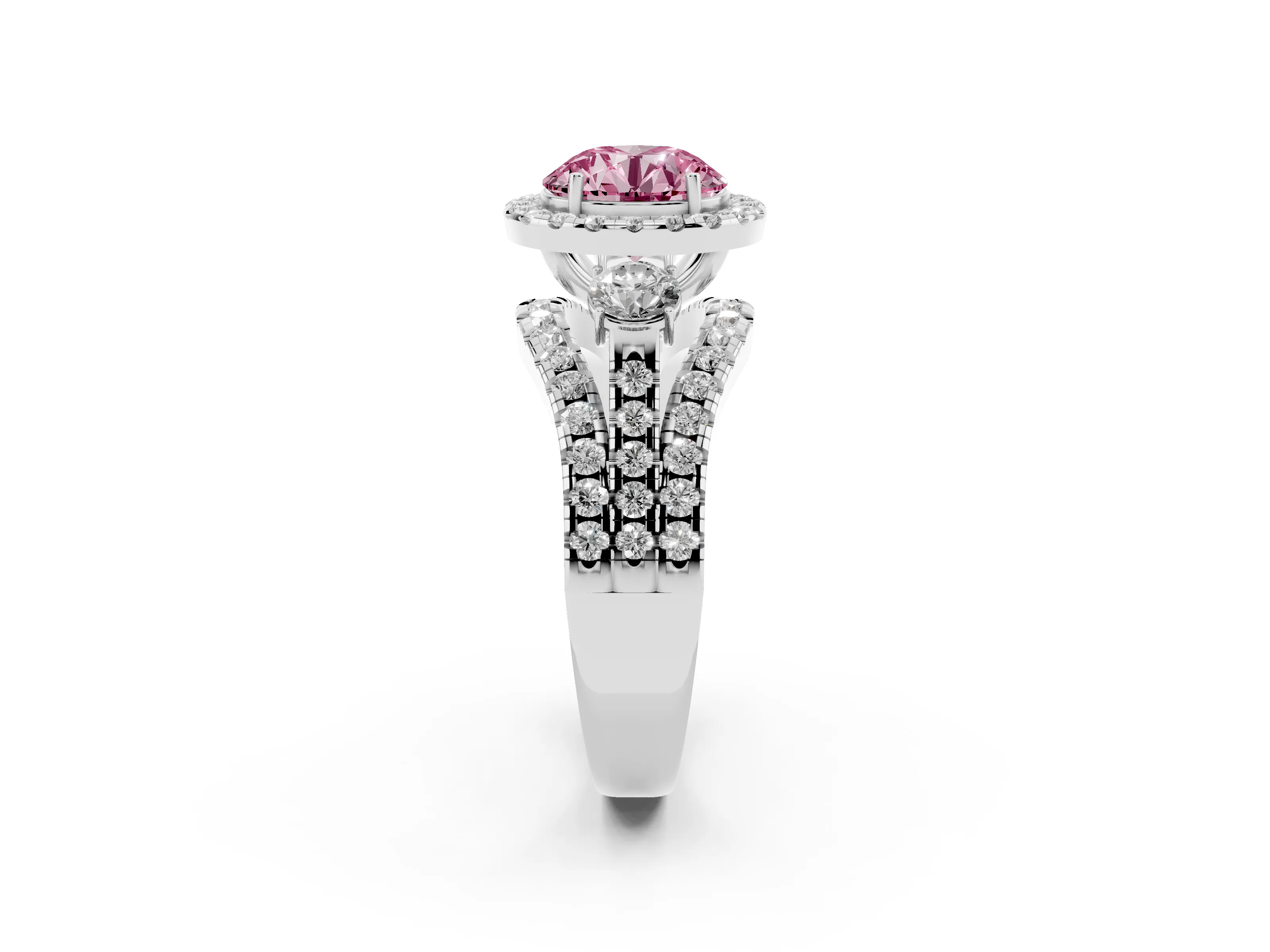 Fancy Pink Round Cut Diamond Halo Split Shank Ring Set in White gold with Round Accent Stones and Prong Setting