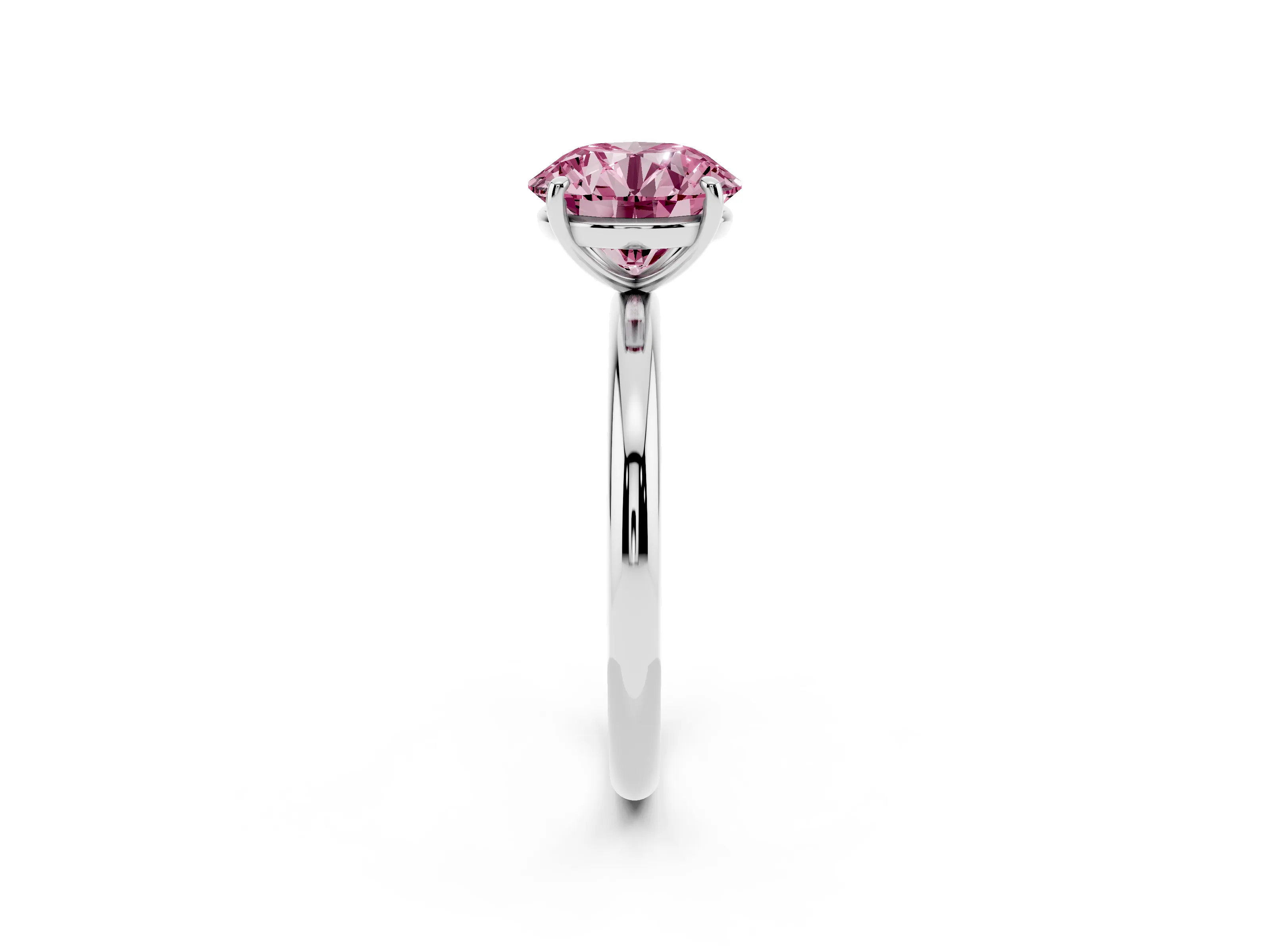 Fancy Pink Round Cut Diamond Solitaire Ring Set in Platinum with Prong Setting on a Polished Plain Band