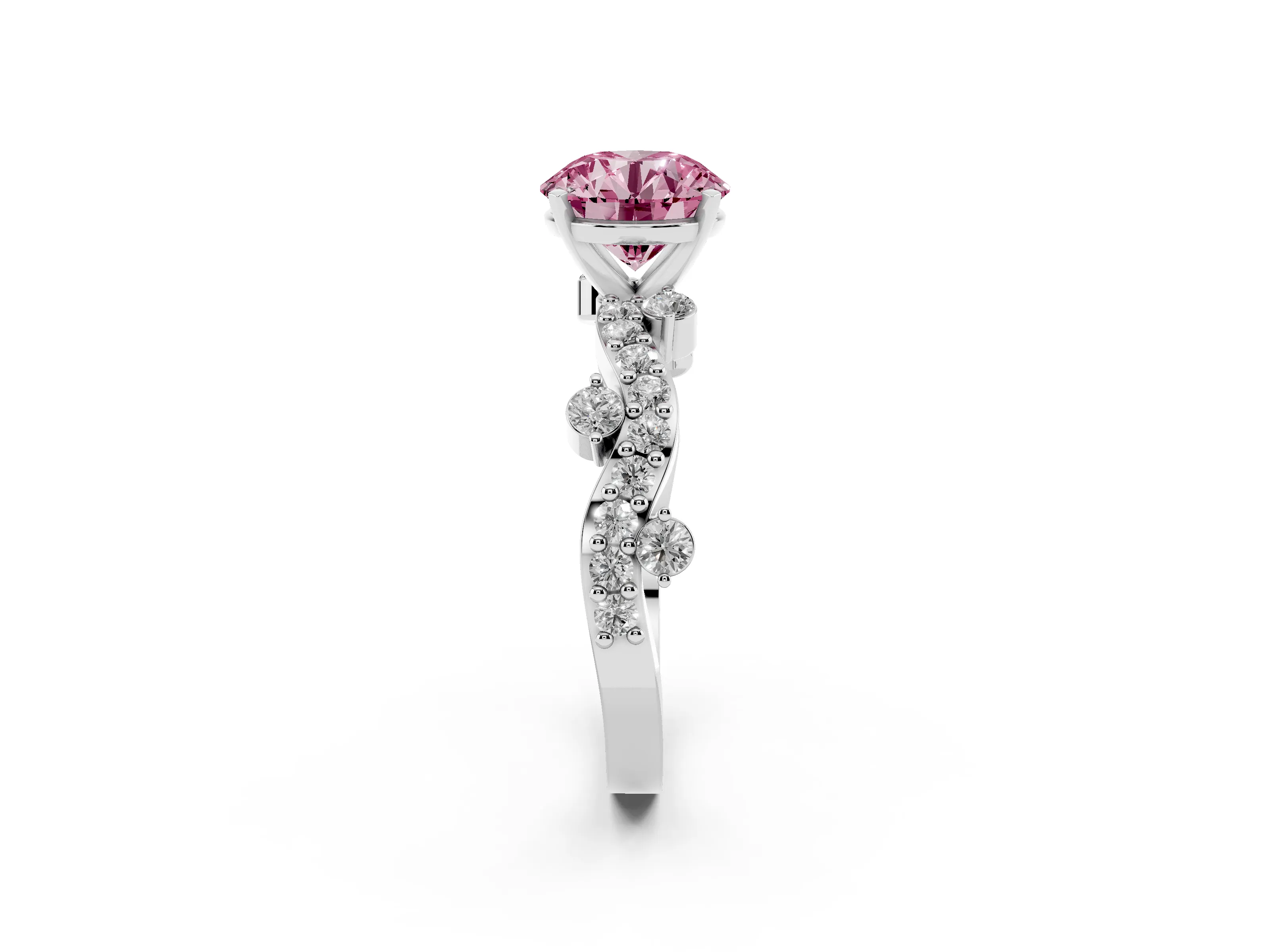 Fancy Pink Round Cut Diamond Solitaire Twisted Band Set in Platinum with Pavé Setting