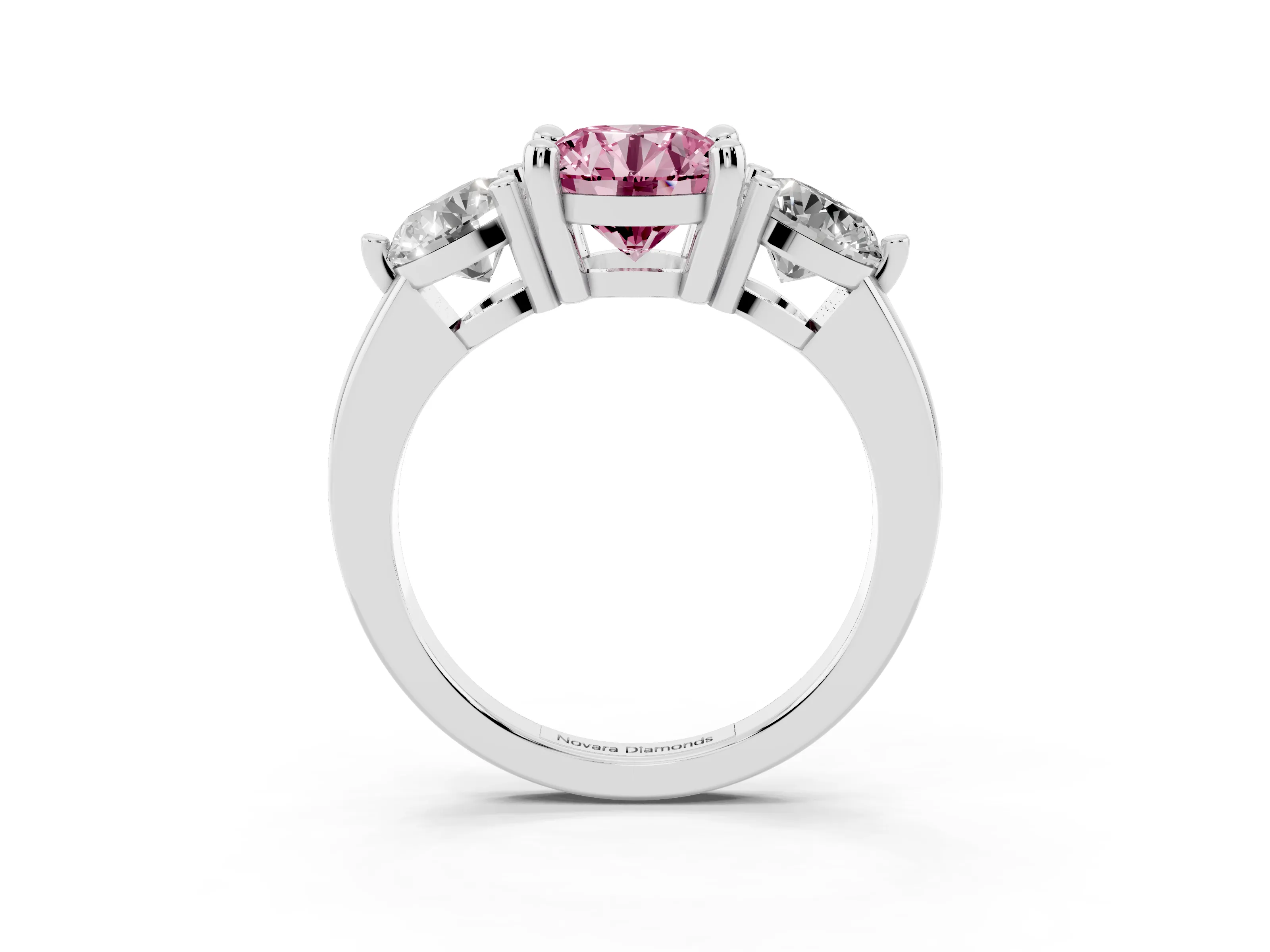 Fancy Pink Round Cut Diamond Three-Stone Ring Set in White gold with Prong Setting and Classic Band