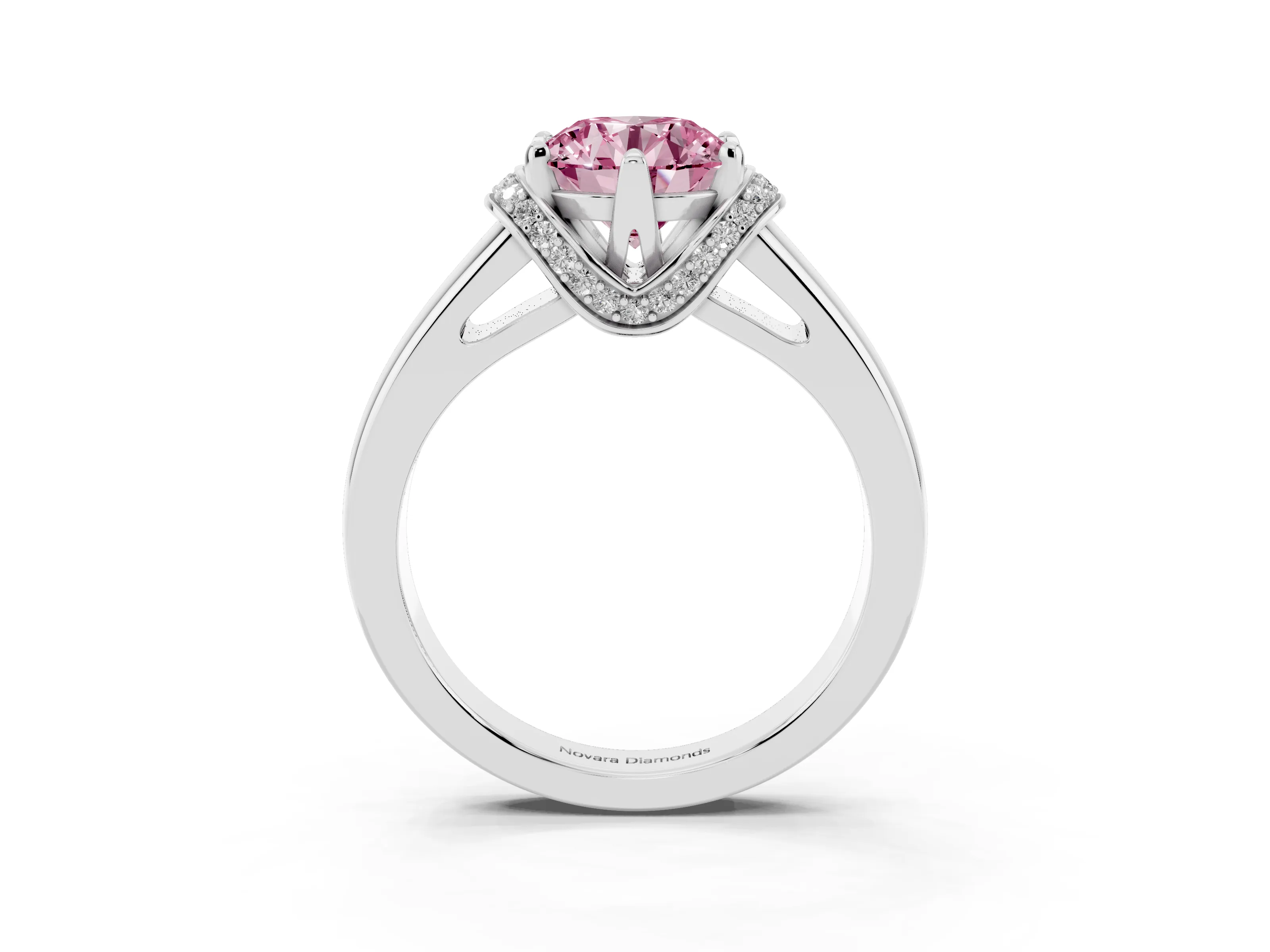 Fancy Pink Round Cut Diamond Pavé Band Solitaire Ring Set in Silver with Prong Setting