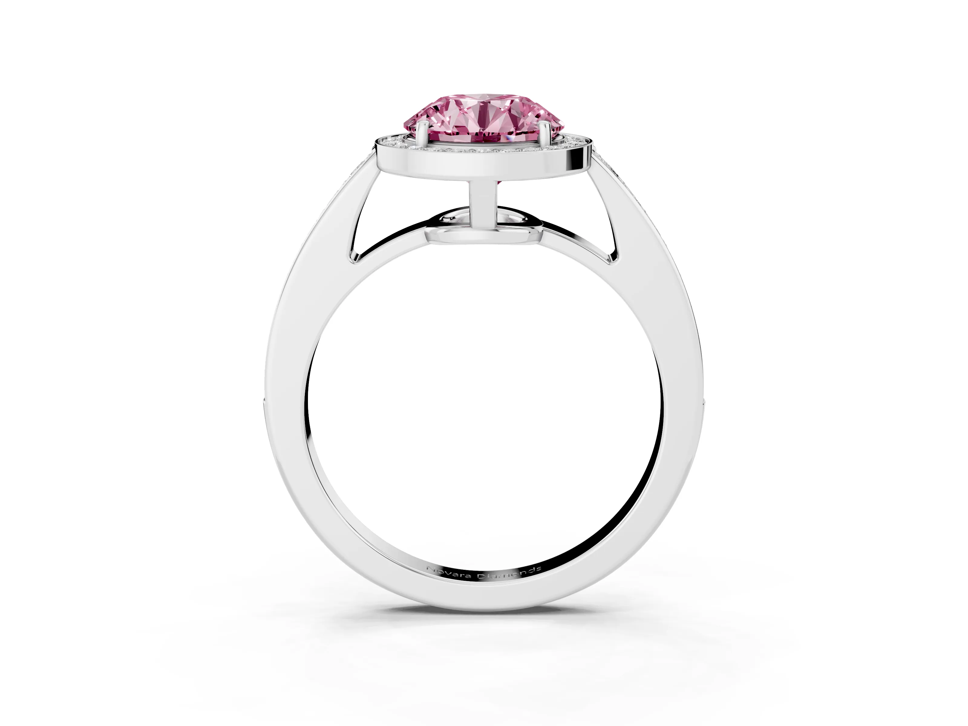 Fancy Pink Round Cut Diamond Halo Pavé Engagement Ring Set in Silver with Bezel Setting