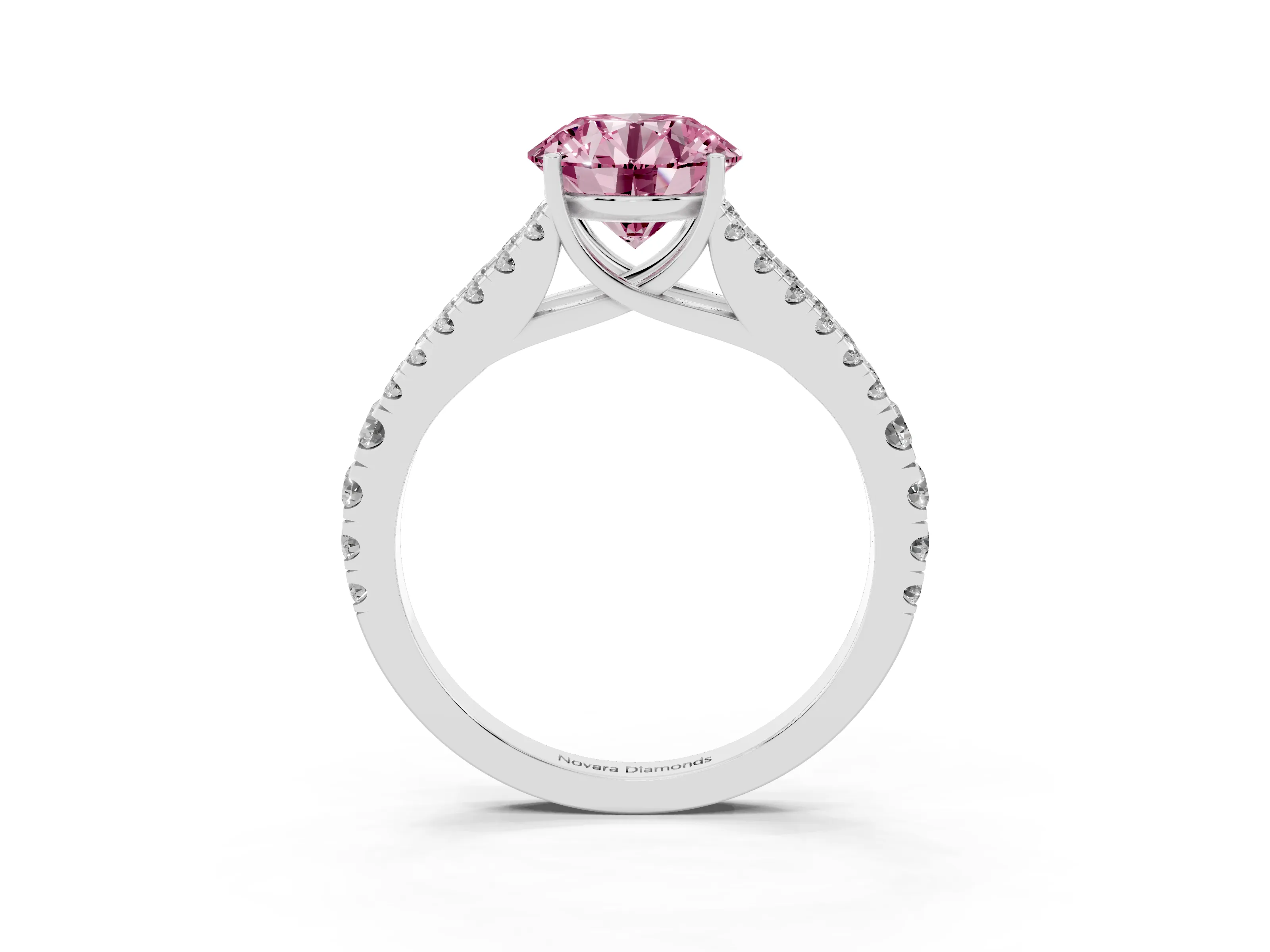 Fancy Pink Round Cut Diamond Split Shank Pavé Engagement Ring Set in Platinum with Prong-Held Center Stone