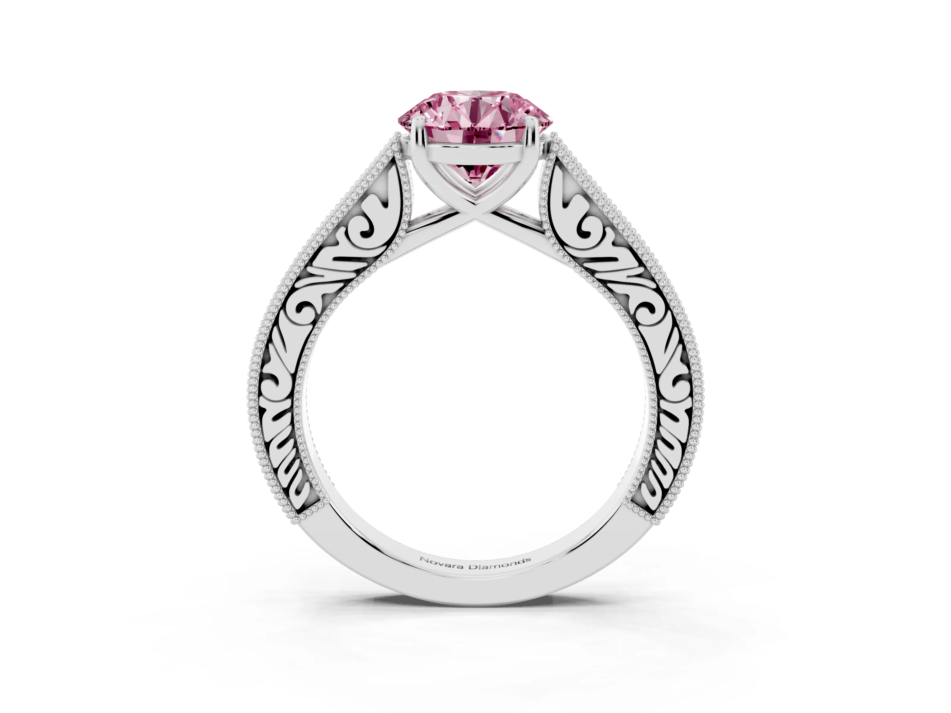 Fancy Pink Round Cut Diamond Milgrain Pavé Band Solitaire Ring Set in Silver with Prong Setting