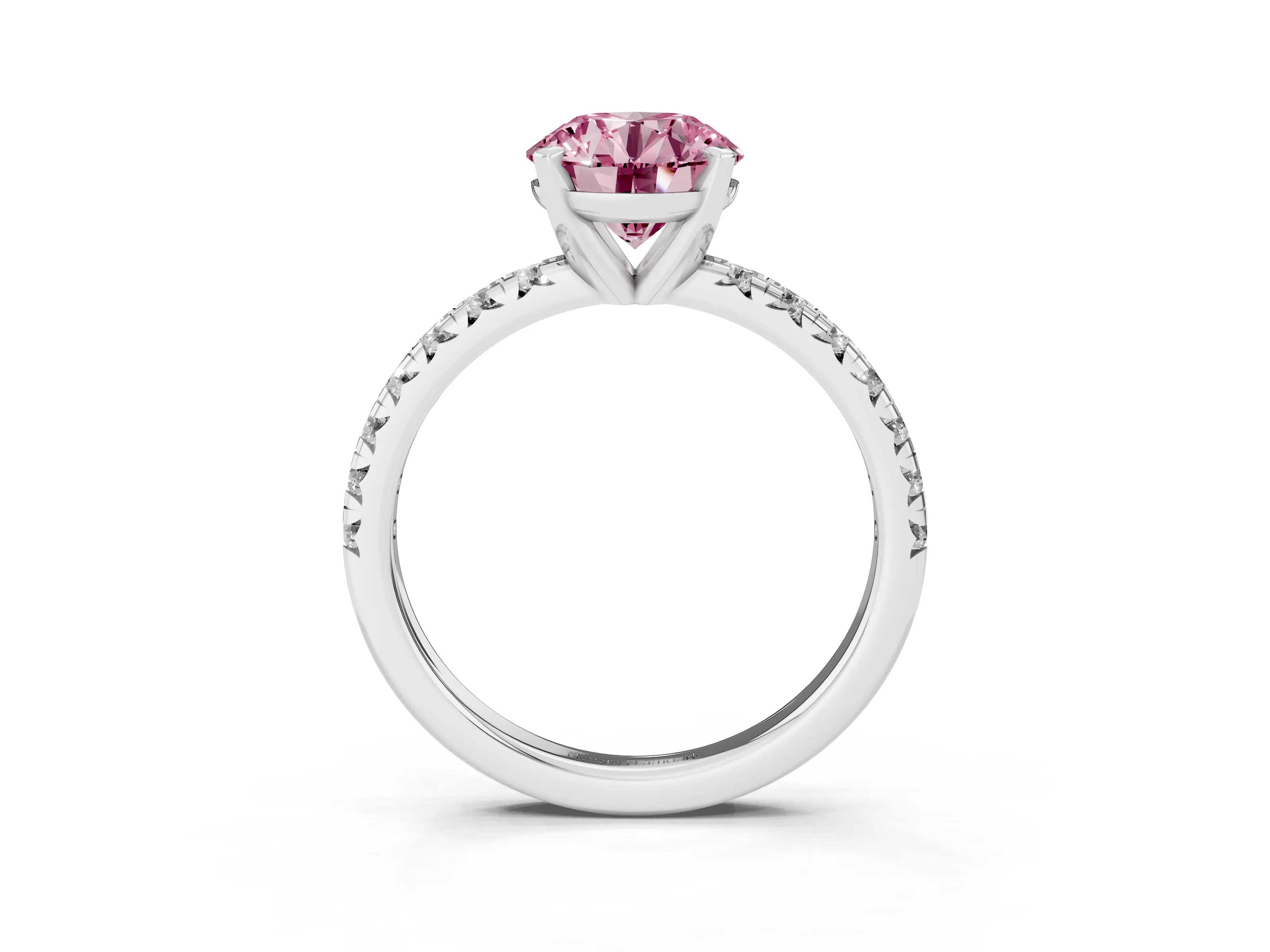 Fancy Pink Round Cut Diamond Solitaire Pavé Engagement Ring Set in White gold with Round Band and Prong Setting