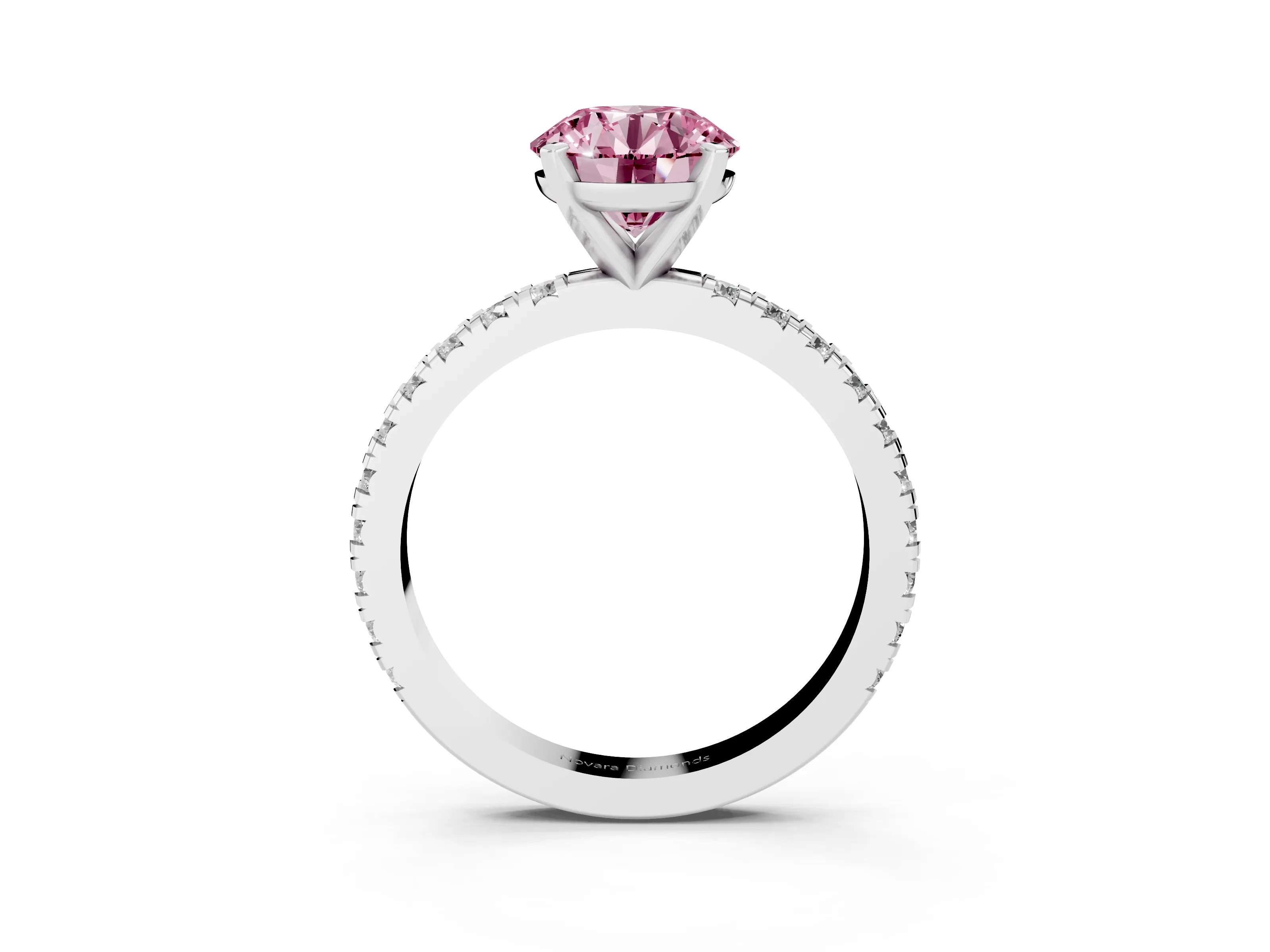 Fancy Pink Round Cut Diamond Pavé Band Solitaire Set in Platinum with Prong Setting