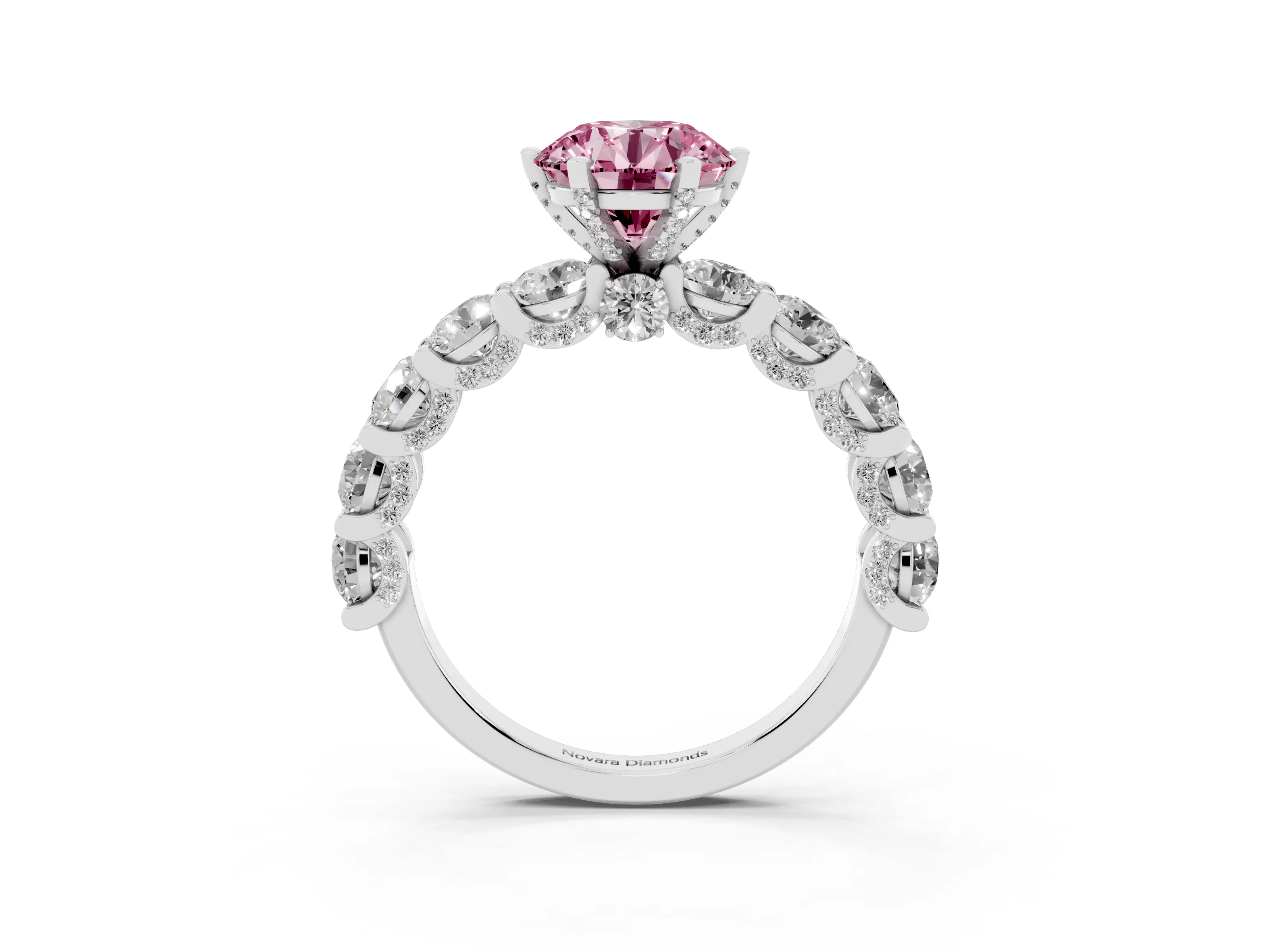 Fancy Pink Round Cut Diamond Side Stone Ring Set in White gold with Alternating Round and Oval Side Stones