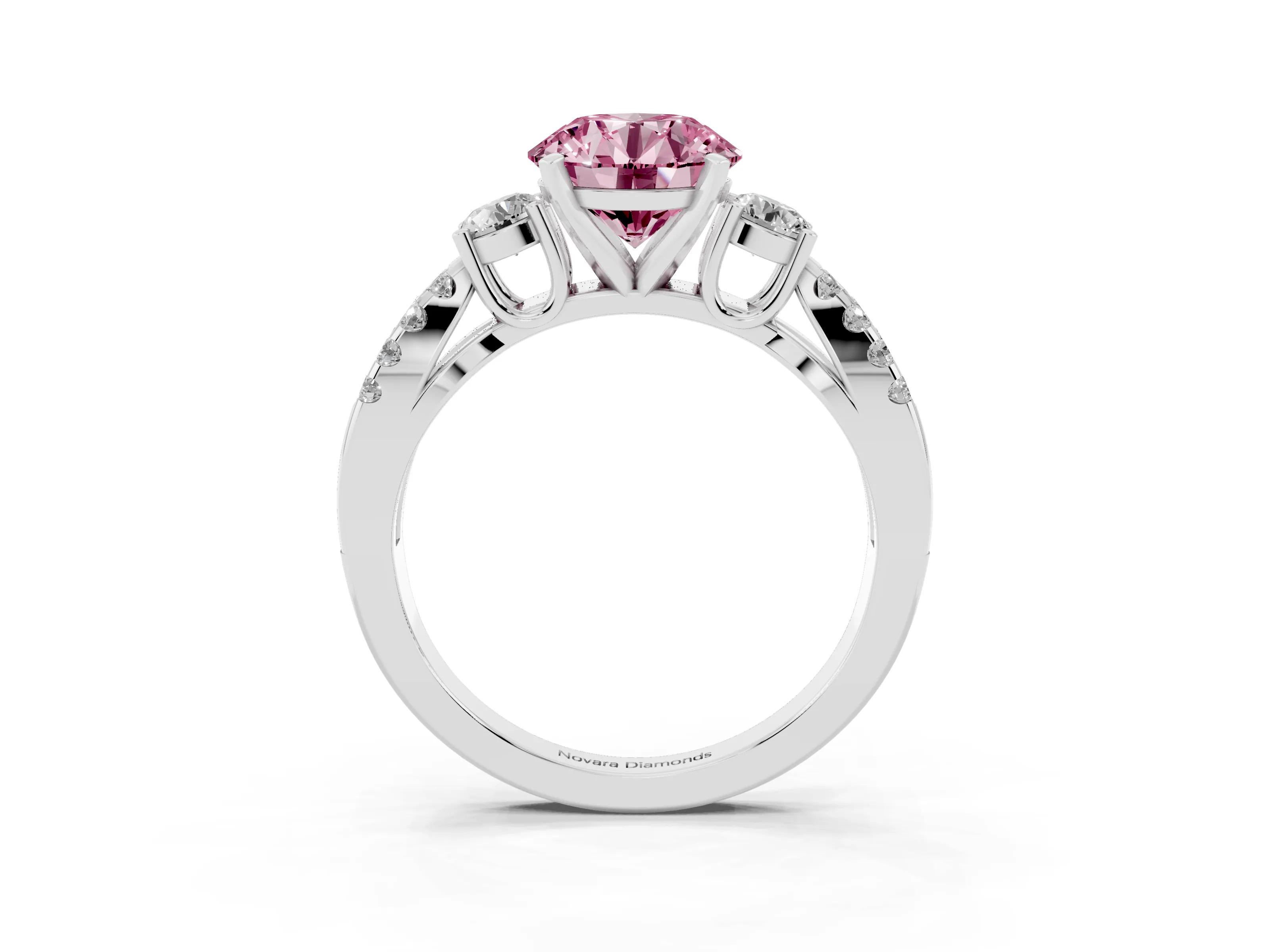 Fancy Pink Round Cut Diamond Three-Stone Ring Set in White gold with Pavé Split Shank and Prong Setting