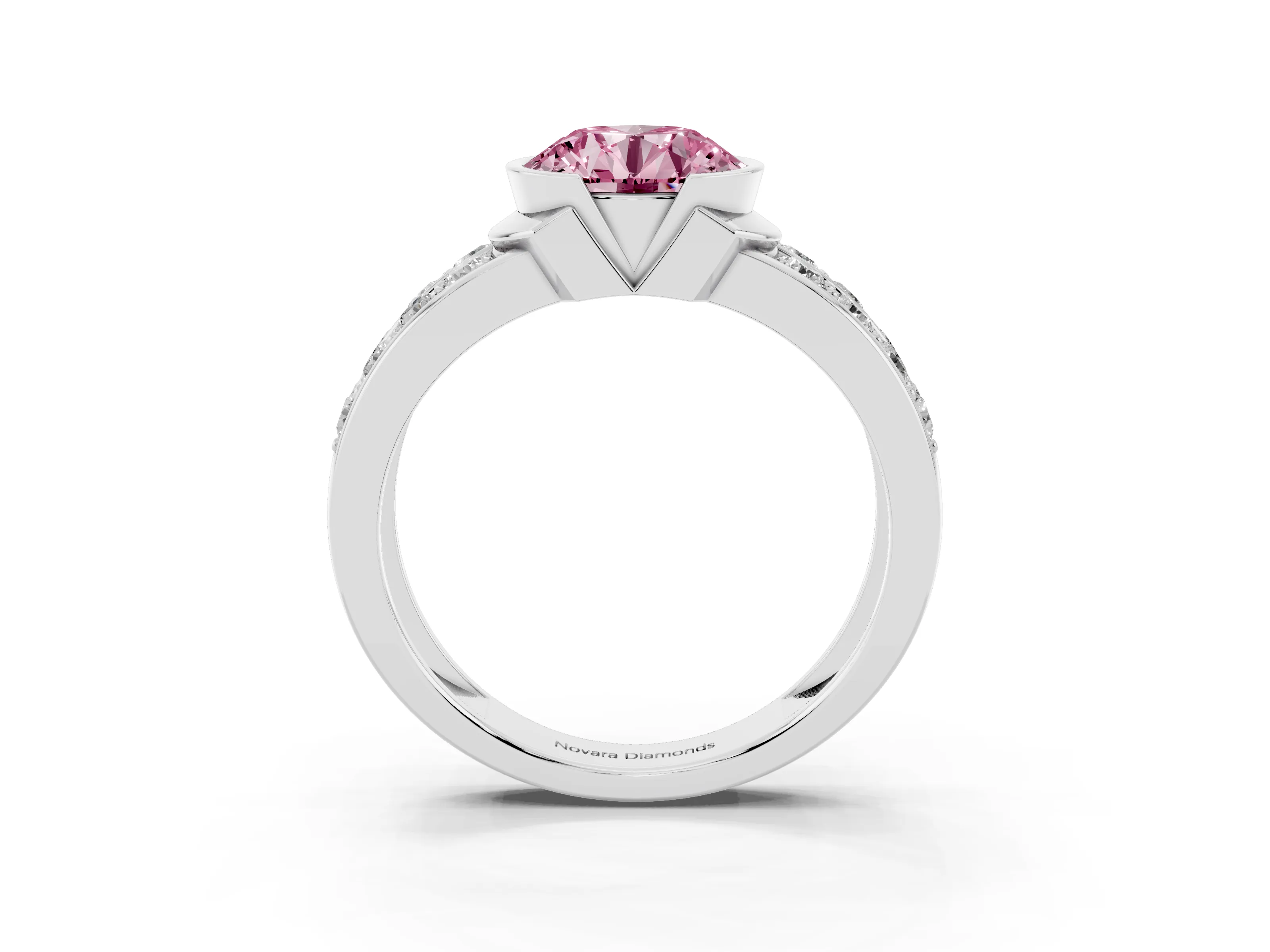 Fancy Pink Round Cut Diamond Wide Channel Set Band Ring Set in Silver with Bezel Setting
