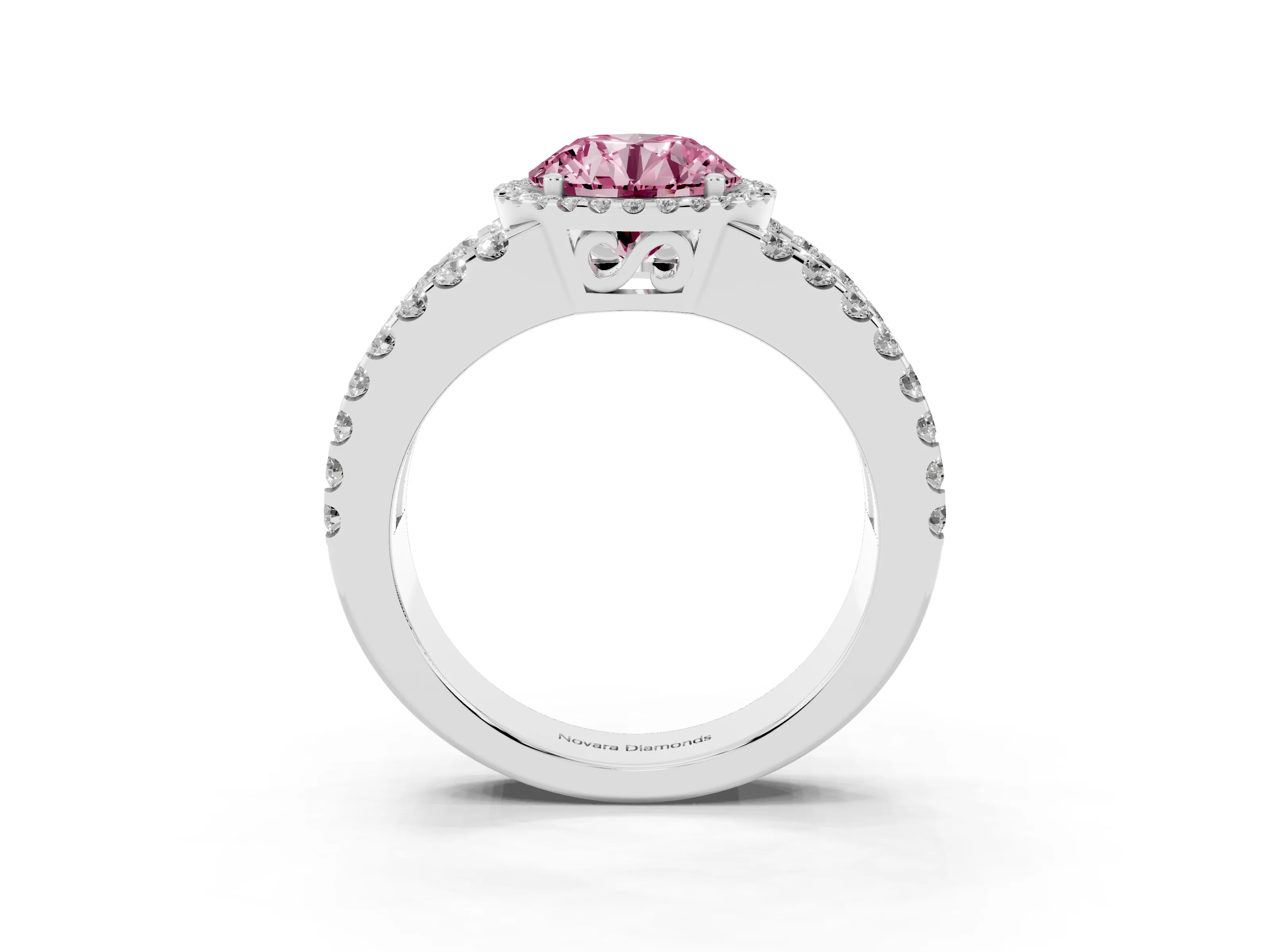 Fancy Pink Round Cut Diamond Halo Ring Set in White gold with Pavé Split Shank and Prong Setting