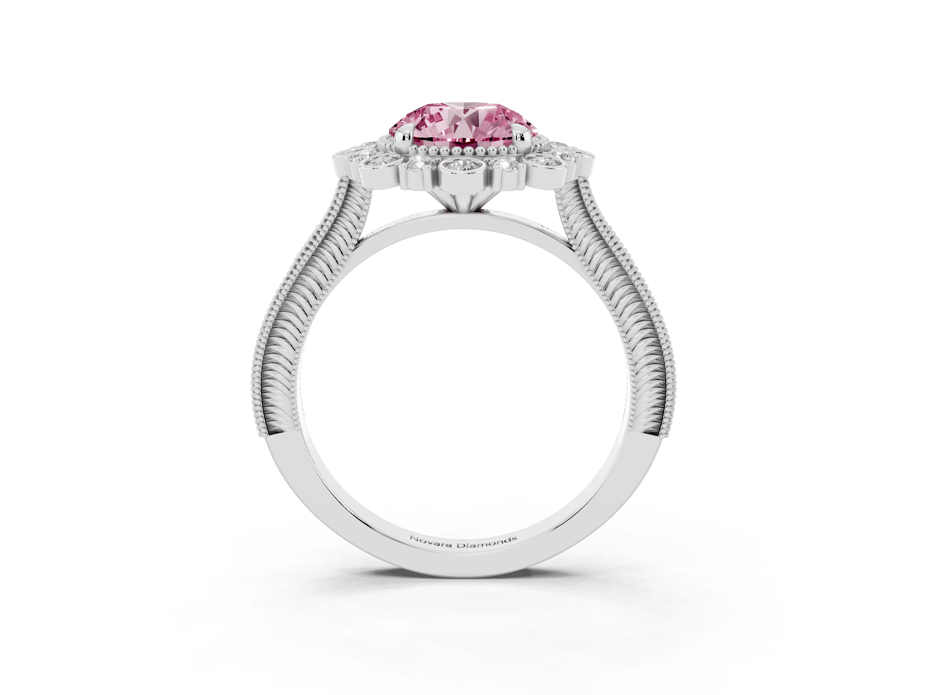 Fancy Pink Round Cut Diamond Halo Milgrain Pavé Ring Set in White gold with Prong Setting