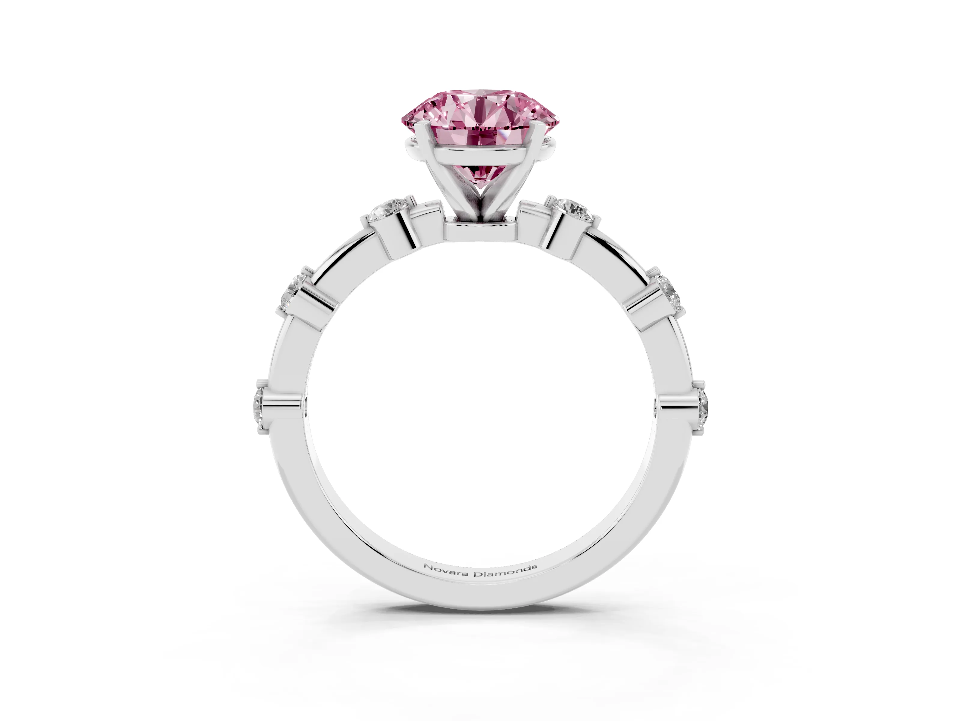 Fancy Pink Round Cut Diamond Solitaire Ring Set in Silver with Bezel Set Side Stones and Prong Setting