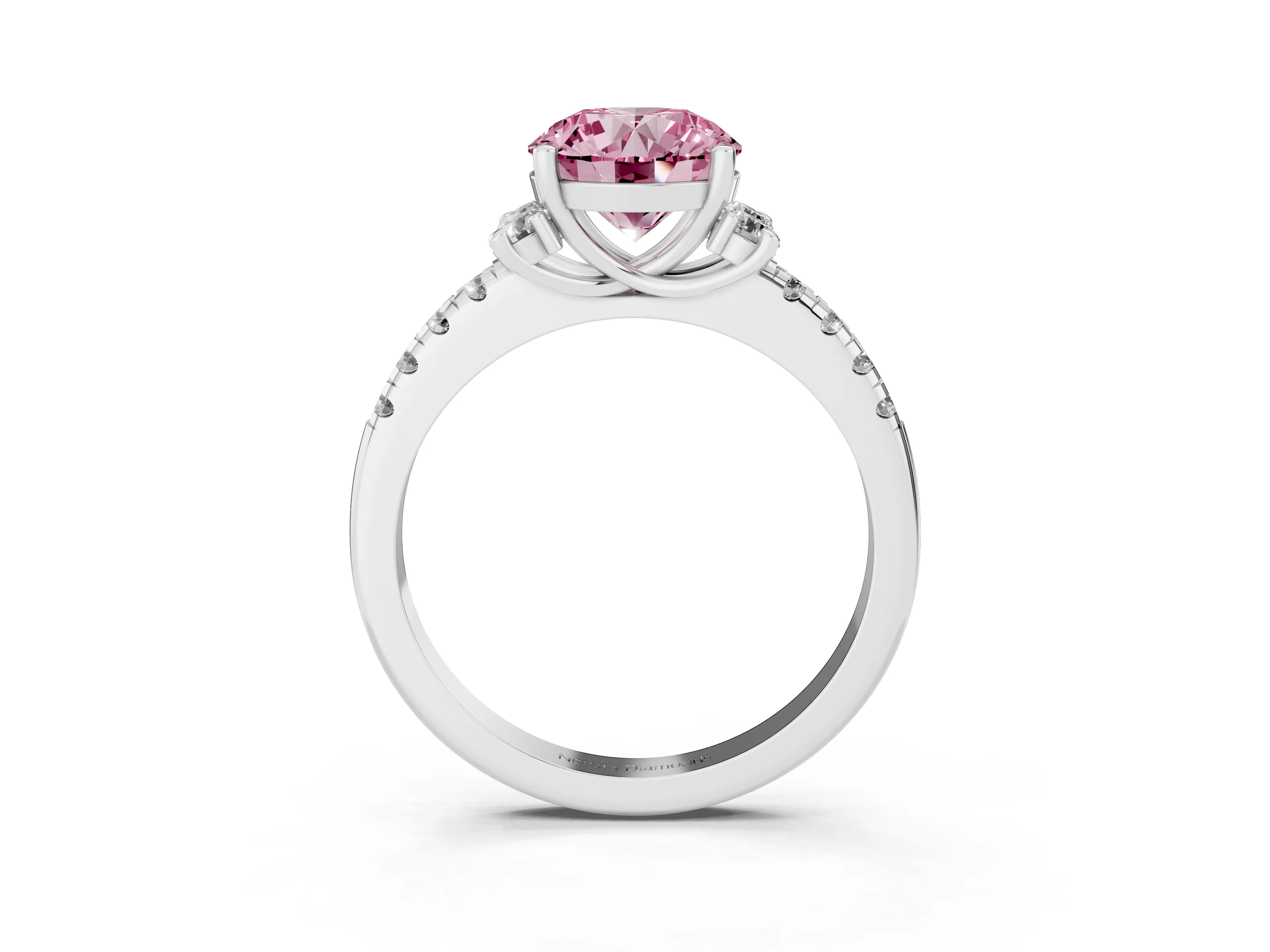 Fancy Pink Round Cut Diamond Three-Stone Pavé Ring Set in Silver with Prong Setting