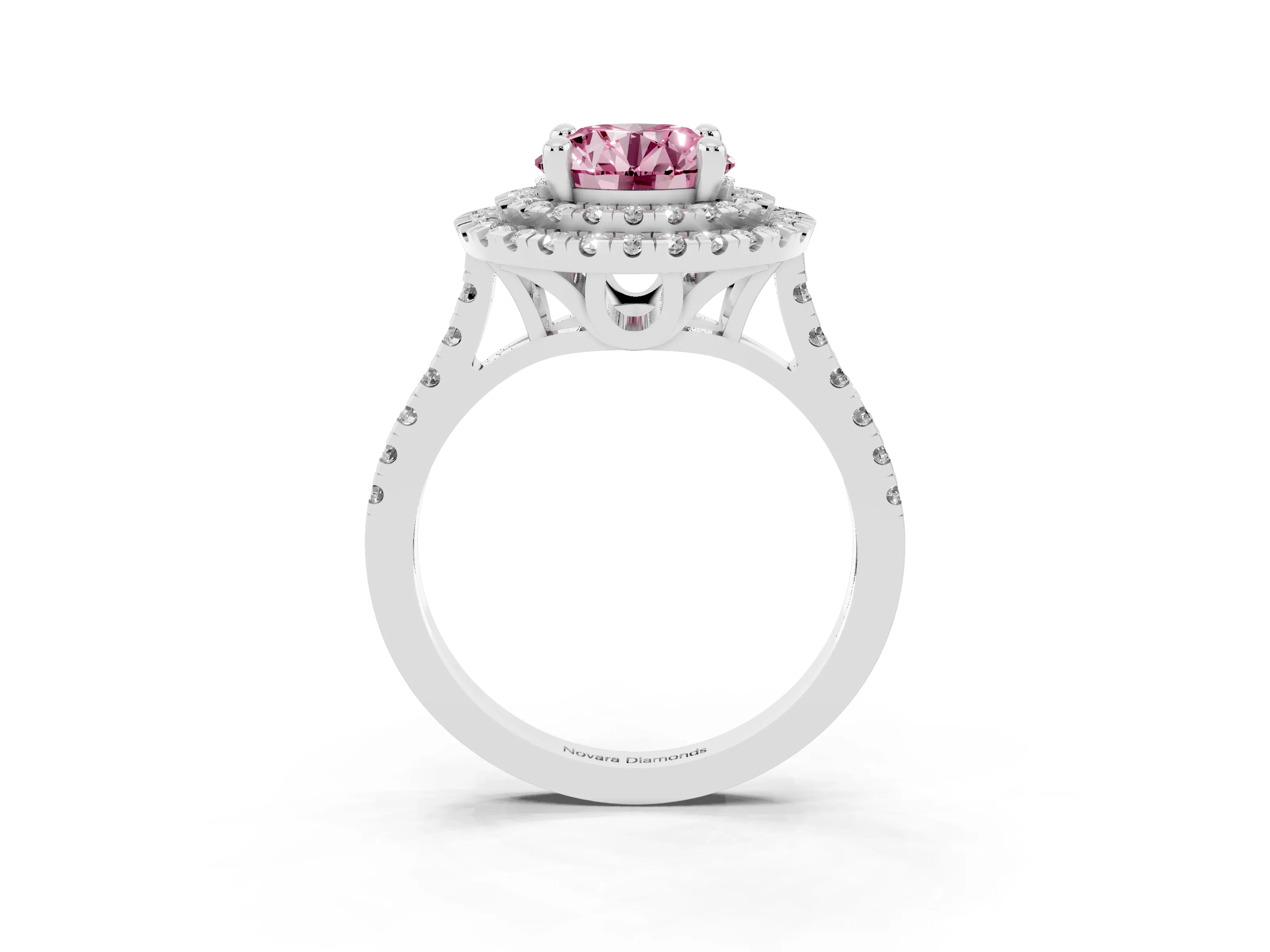 Fancy Pink Round Cut Diamond Double Halo Statement Ring Set in Silver with Pavé Band