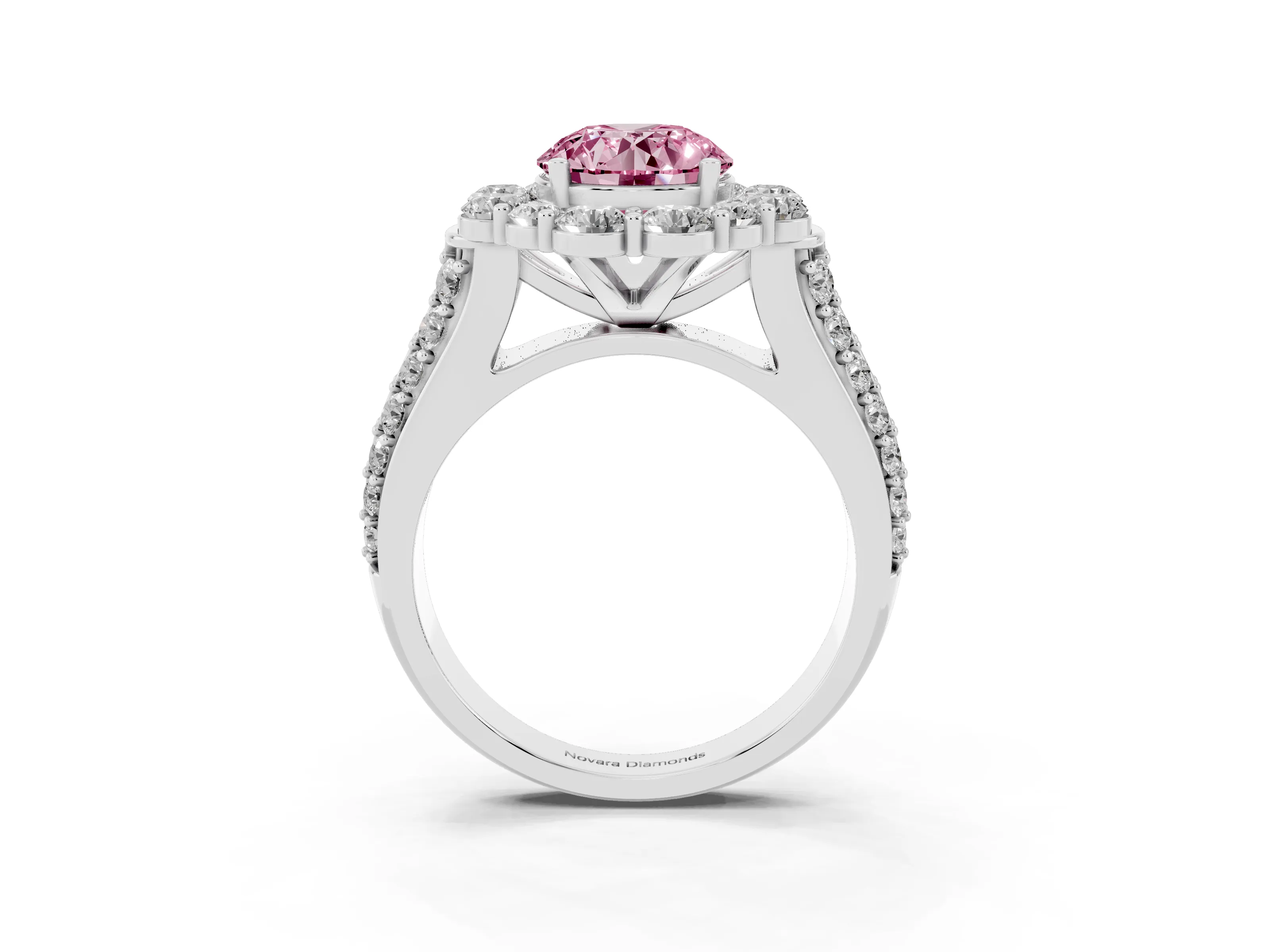 Fancy Pink Round Cut Diamond Halo Engagement Ring Set in Platinum with Split Shank and Prong Setting