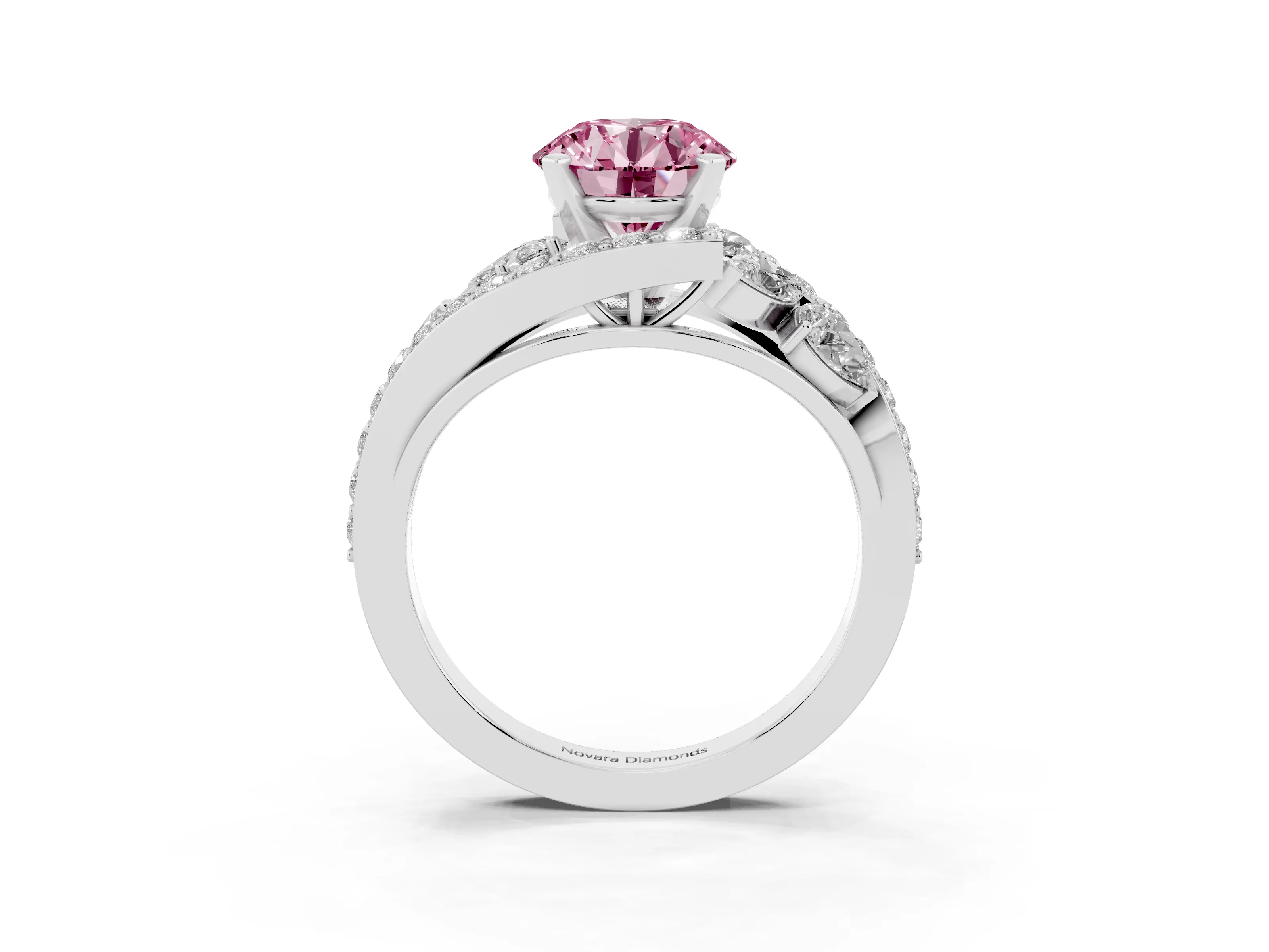 Fancy Pink Round Cut Diamond Halo Ring Set in Silver with Marquise and Pavé Band in Prong Setting