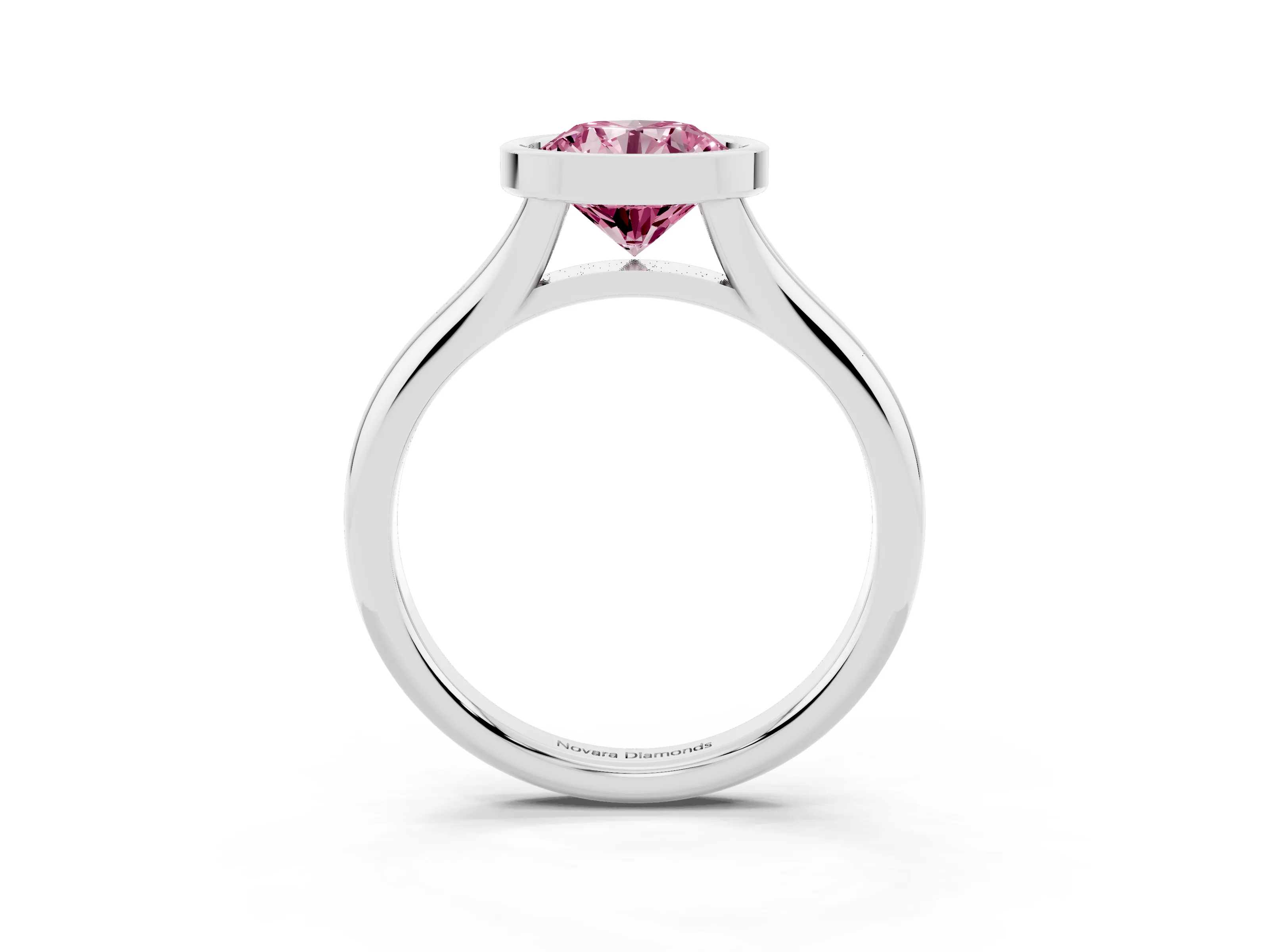 Fancy Pink Bezel Set Round Cut Diamond Solitaire Ring Set in Platinum with Smooth Band