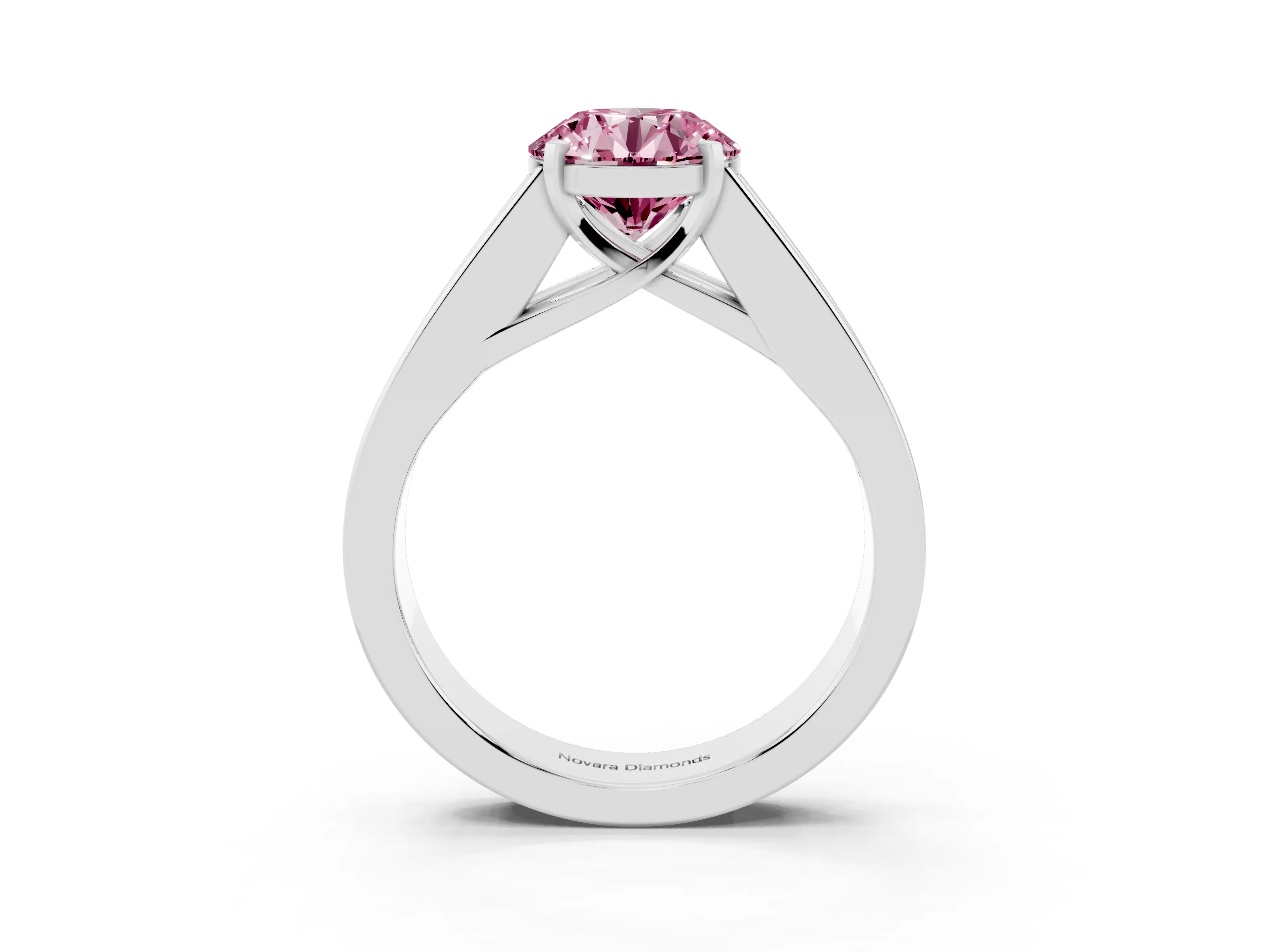 Fancy Pink Round Cut Diamond Solitaire Ring Set in Silver with Channel-Set Accent Stones and Prong Setting