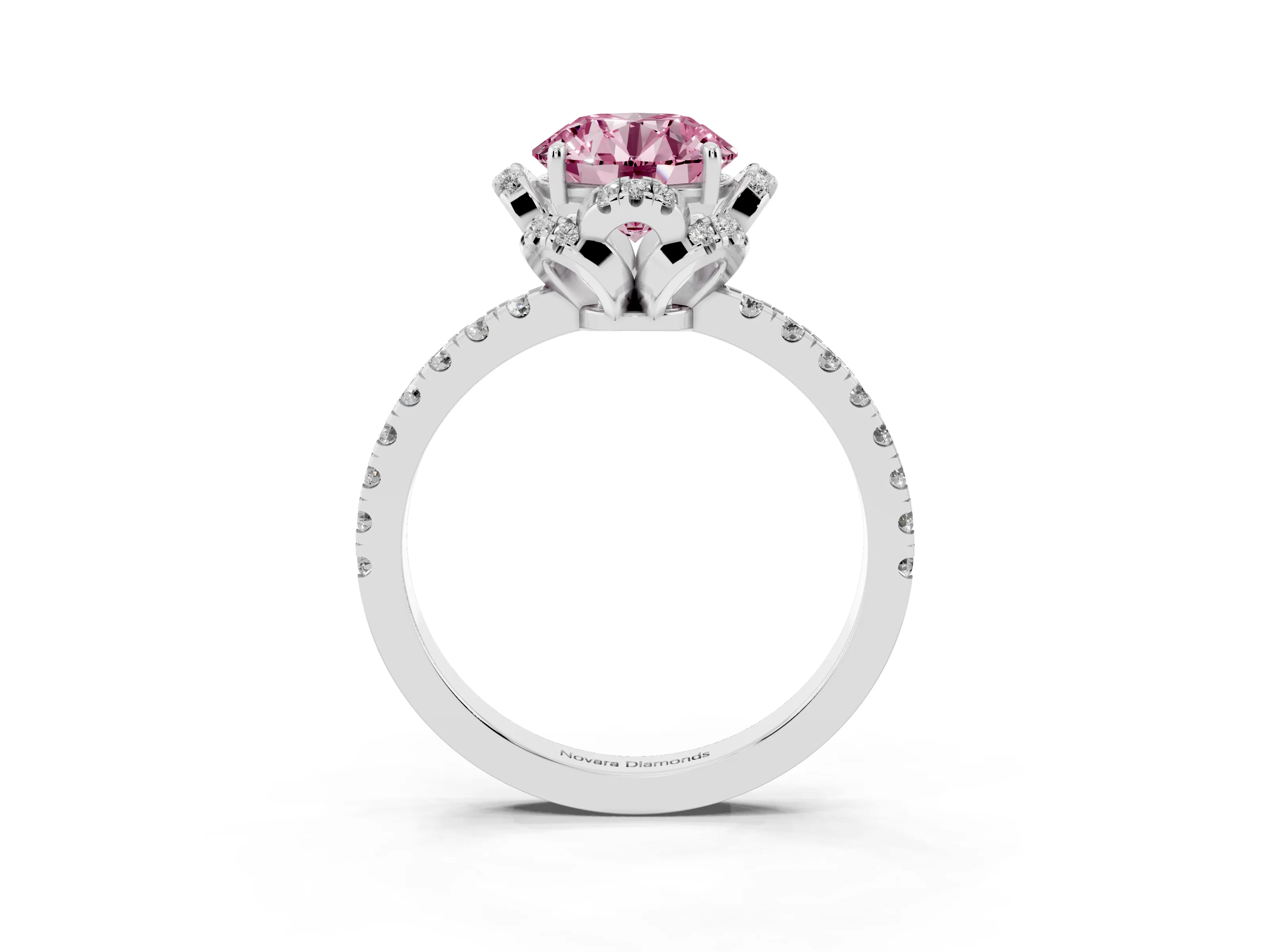 Fancy Pink Round Cut Diamond Halo Pavé Band Ring Set in Platinum with Prong-Held Center
