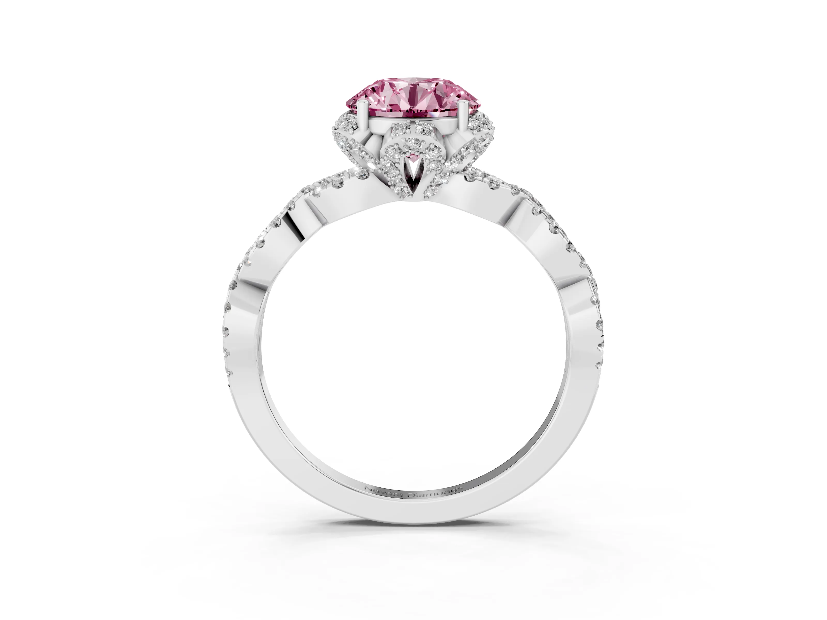 Fancy Pink Round Cut Diamond Halo Twist Band Solitaire Ring Set in White gold with Prong-Set Center Stone