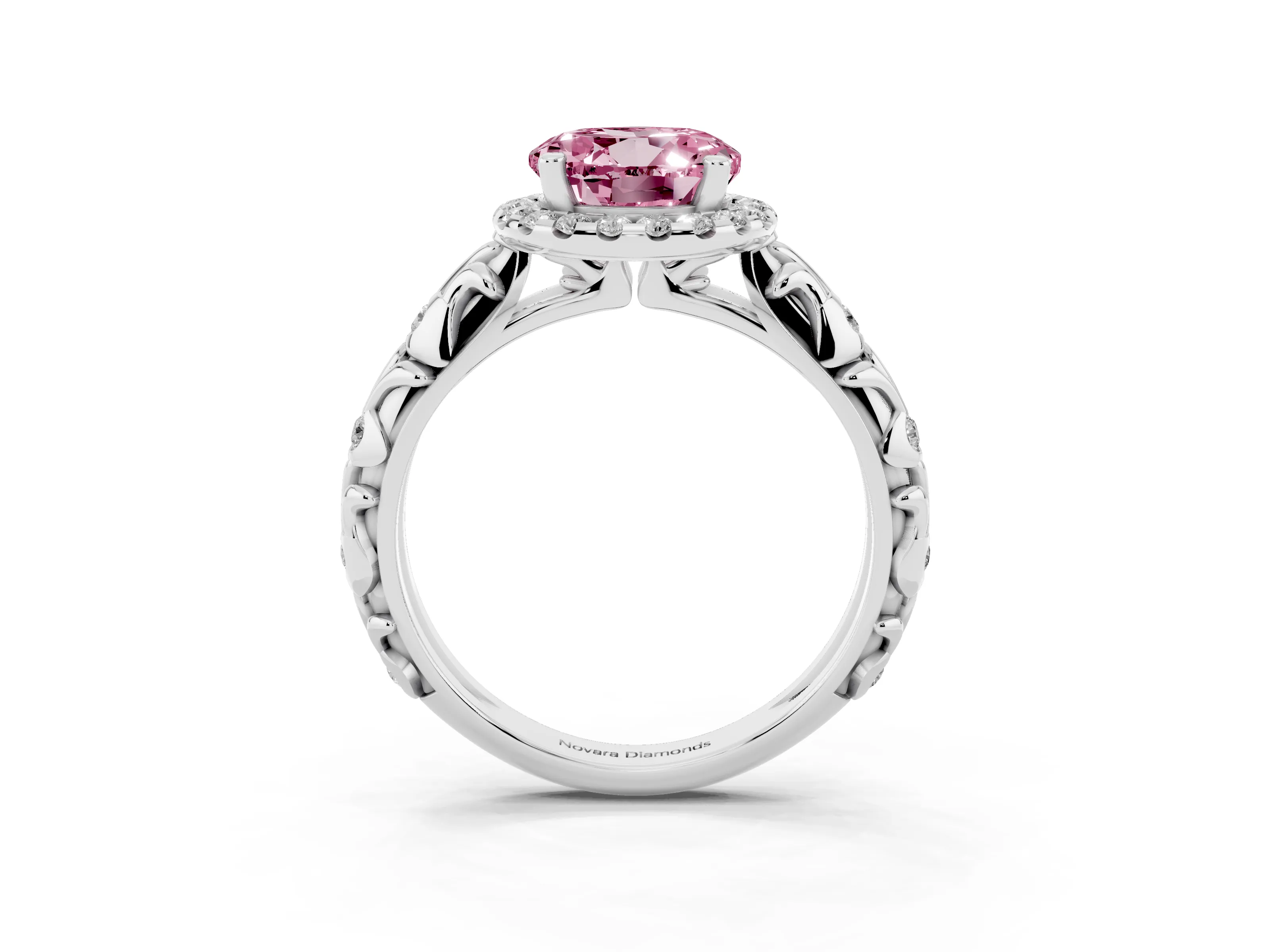Fancy Pink Round Cut Diamond Halo Ring Set in Platinum with Filigree Leaf Band and Prong Setting