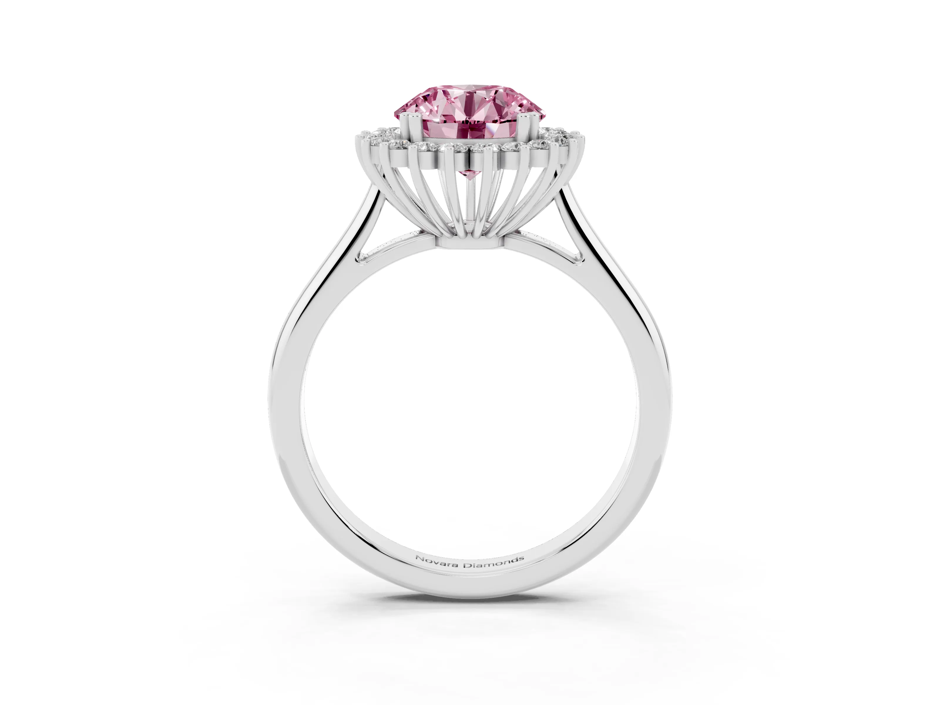 Fancy Pink Round Cut Diamond Halo Ring Set in White gold with Plain Solitaire Band and Prong Setting