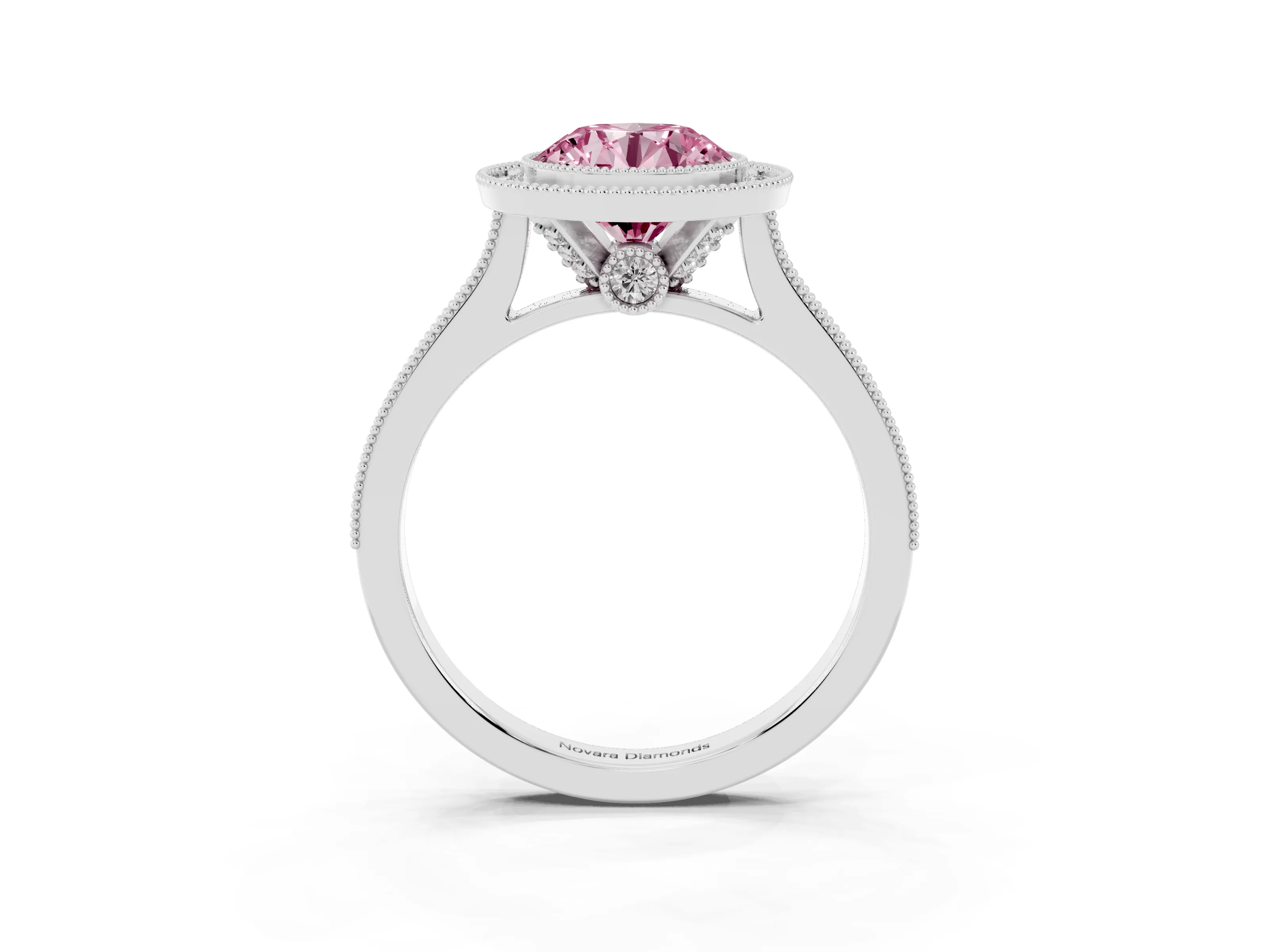 Fancy Pink Round Cut Diamond Halo Milgrain Pavé Band Ring Set in Platinum with Prong Setting