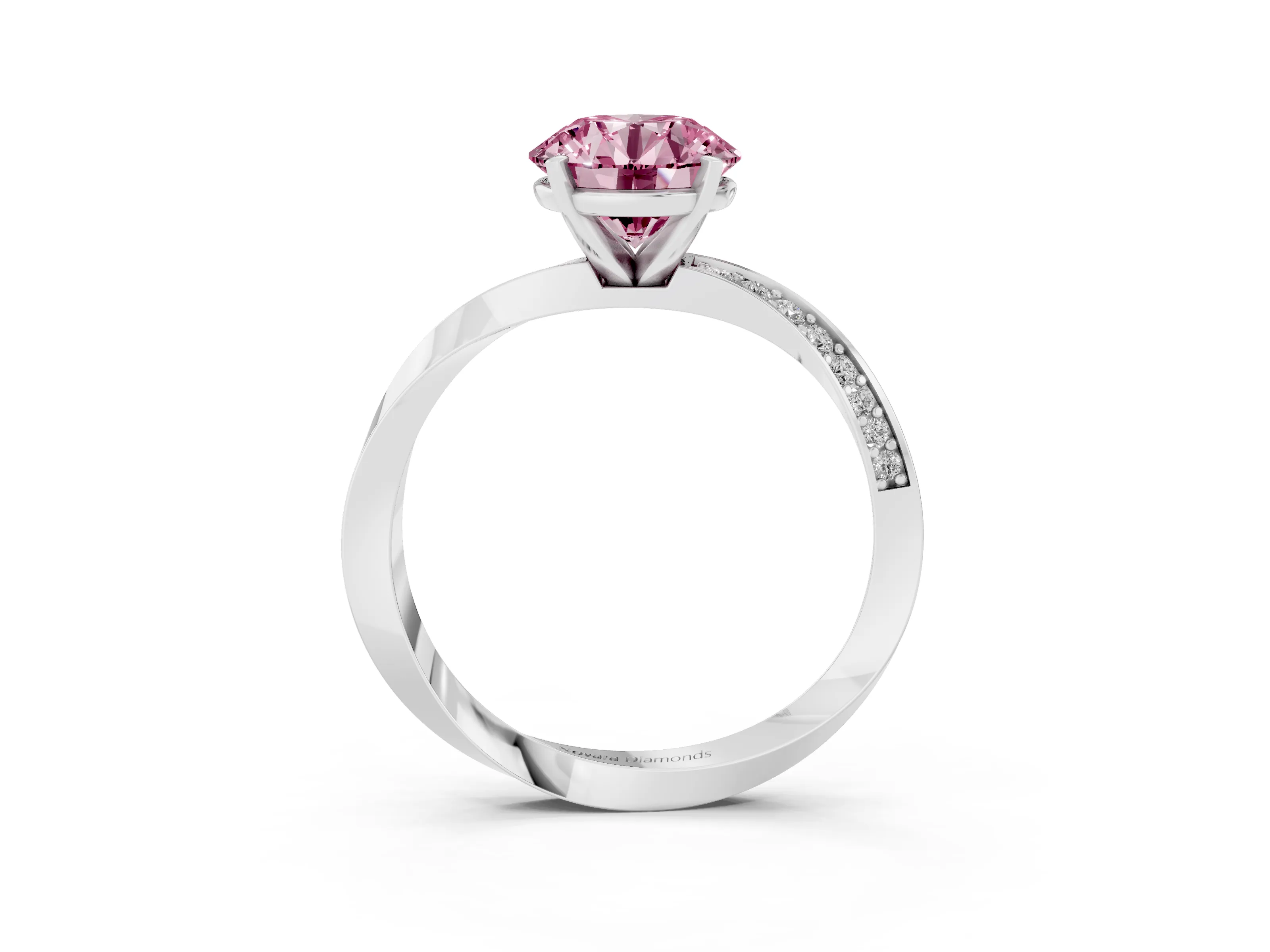 Fancy Pink Round Cut Diamond Engagement Ring Set in Silver with Side Stone Accents and Prong Setting