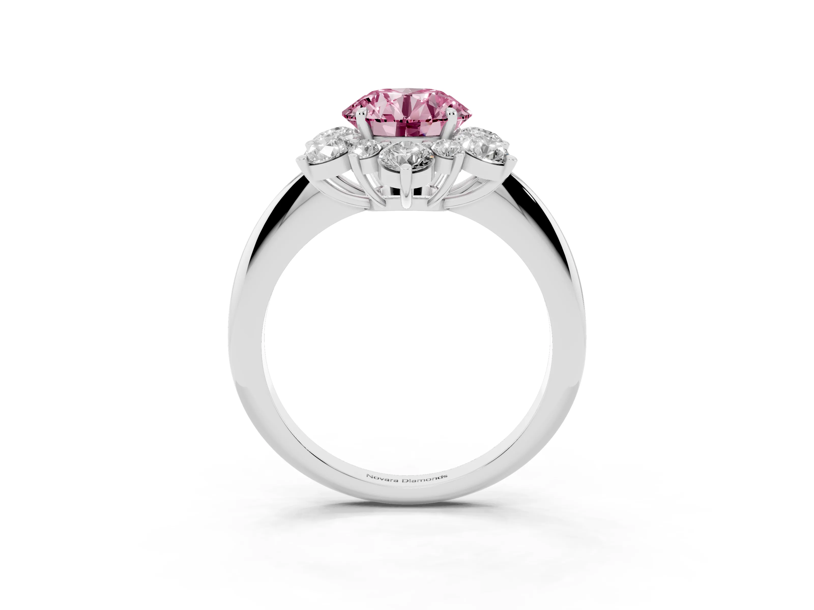Fancy Pink Round Cut Diamond Cluster Halo Ring Set in White gold with Solitaire Band and Prong Setting