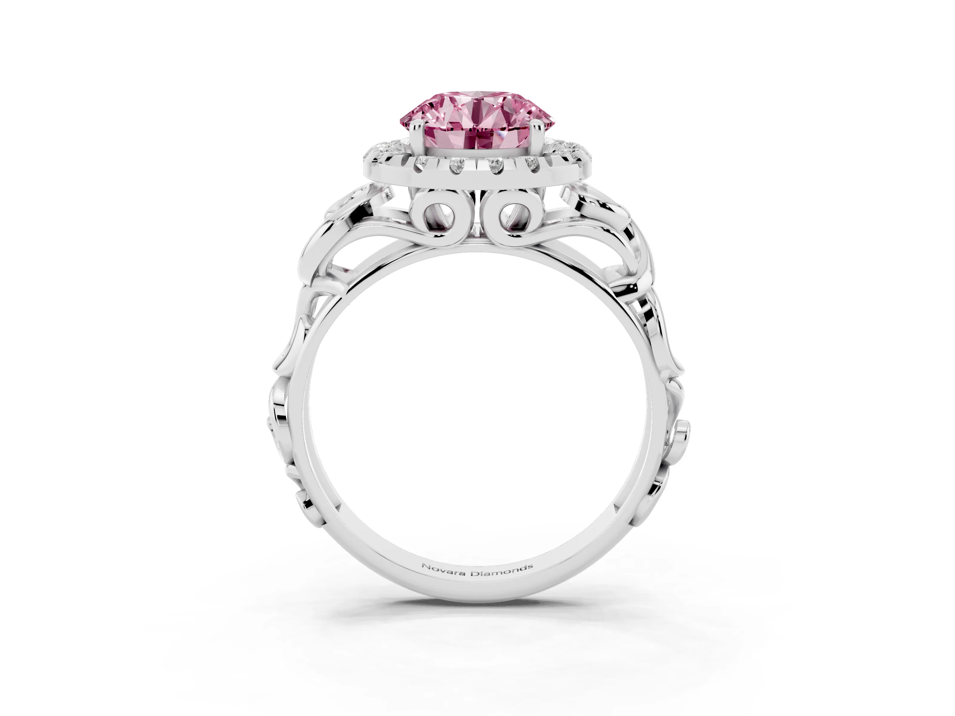 Fancy Pink Round Cut Diamond Halo Ring Set in Platinum with Scrollwork Band and Prong Setting