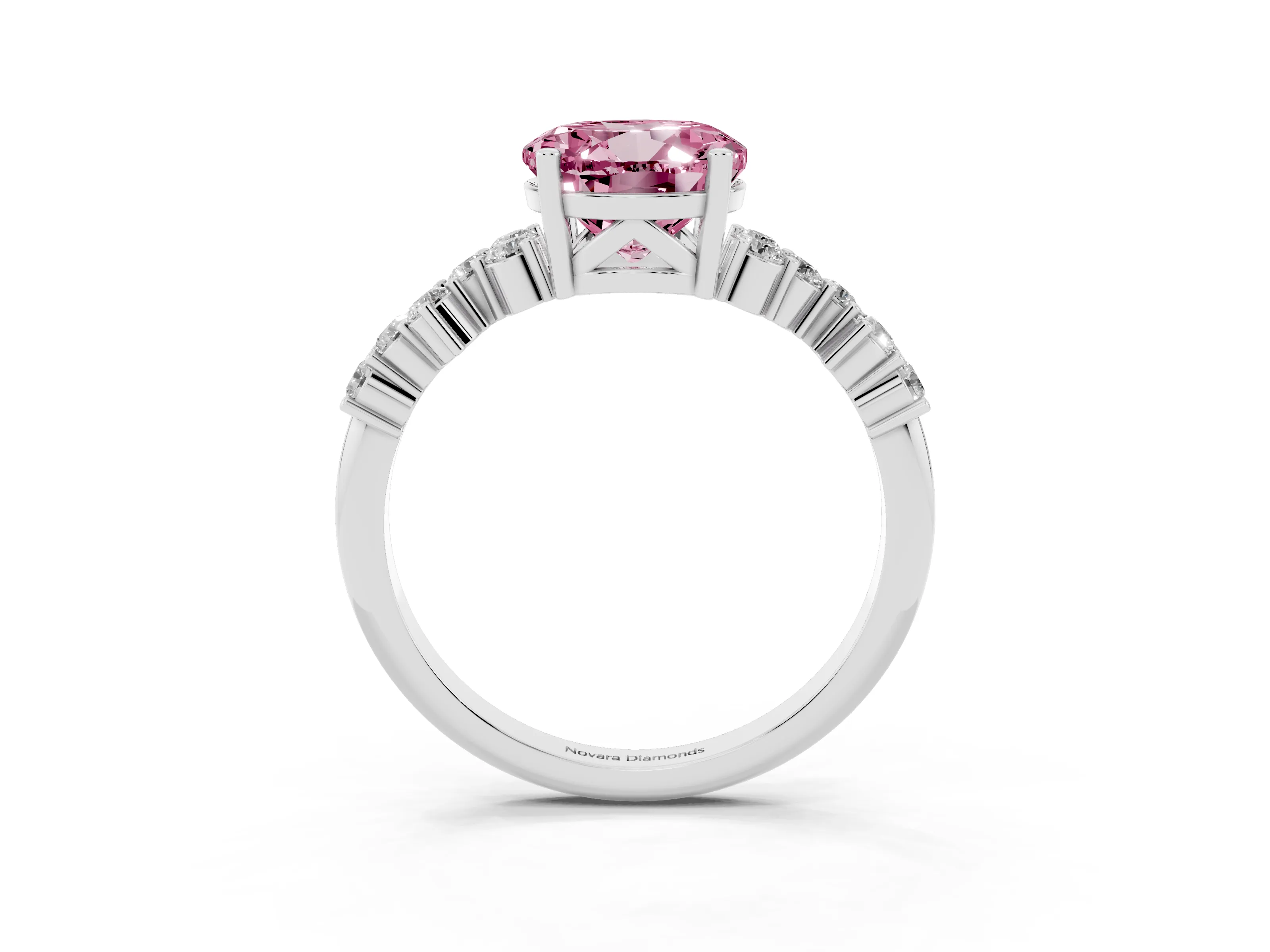 Fancy Pink Round Cut Diamond Ring Set in White gold with Scattered Round Accents