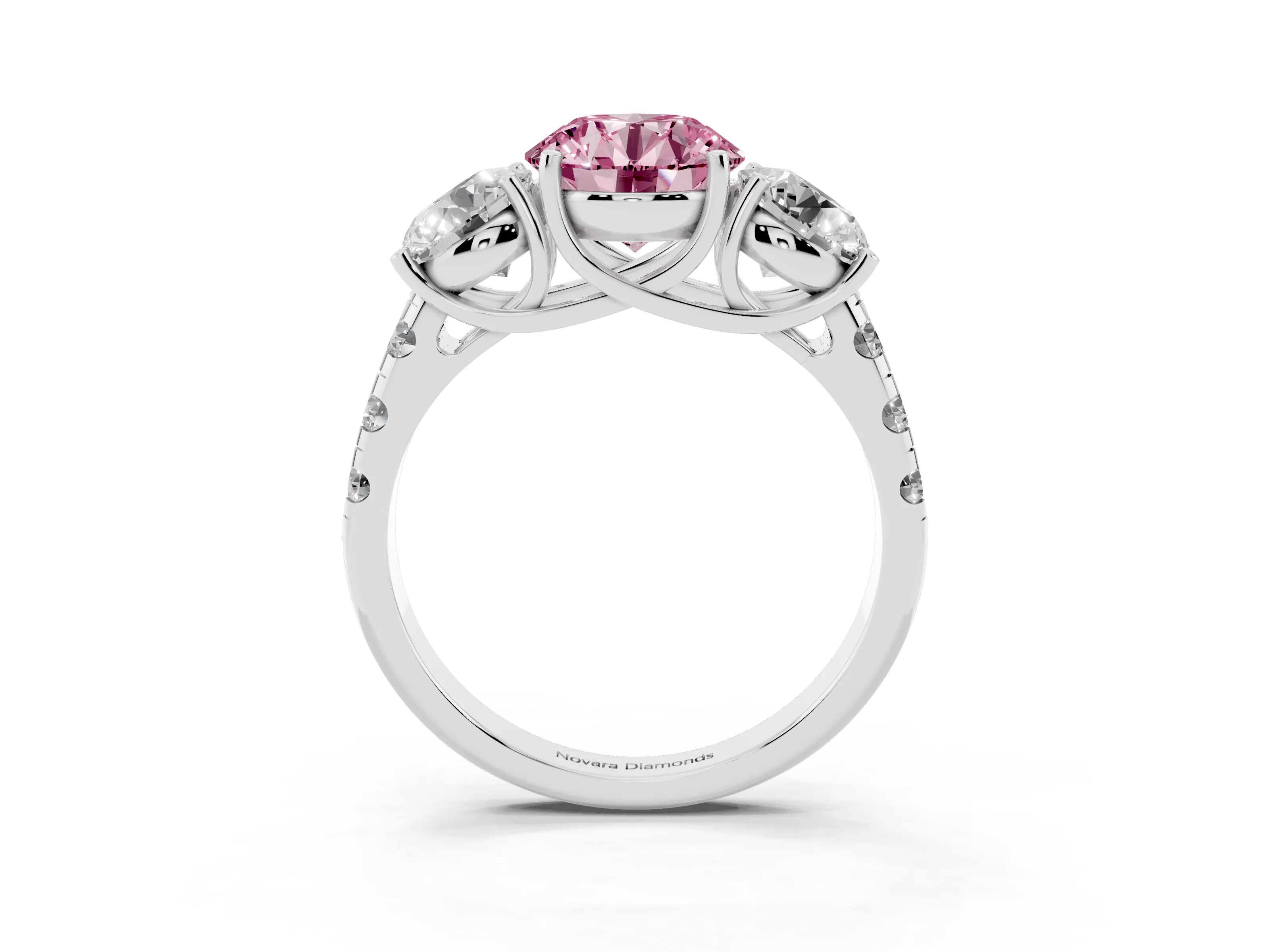 Fancy Pink Round Cut Diamond Three-Stone Ring Set in Silver with Pavé Band