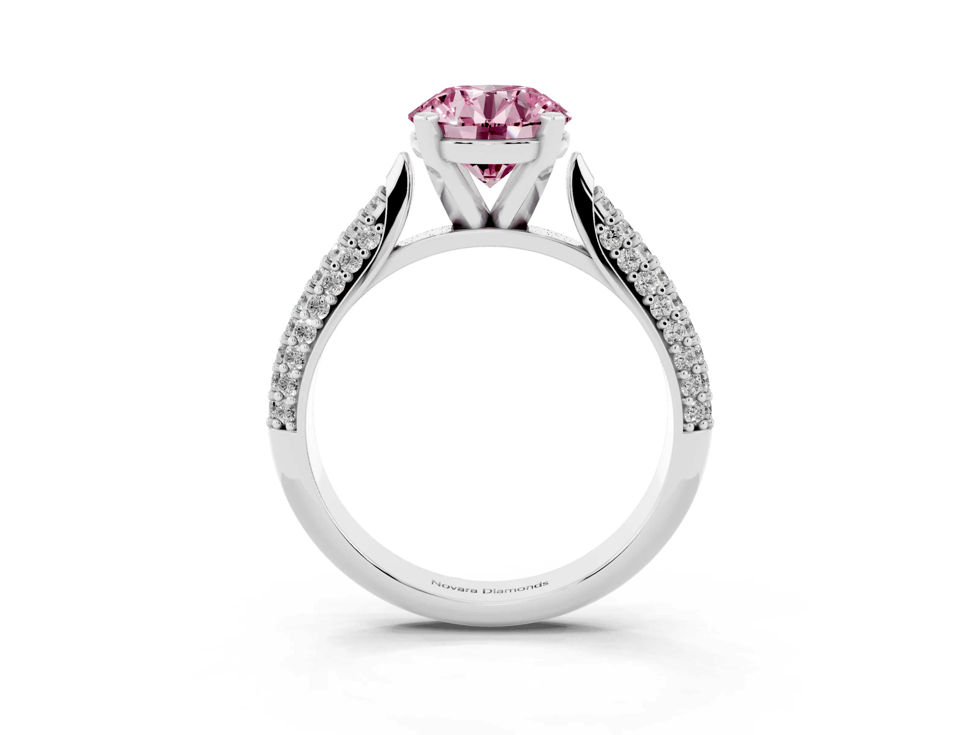 Fancy Pink Round Cut Diamond Solitaire Engagement Ring Set in Platinum with Multi-Row Round Pavé Band and Prong Setting