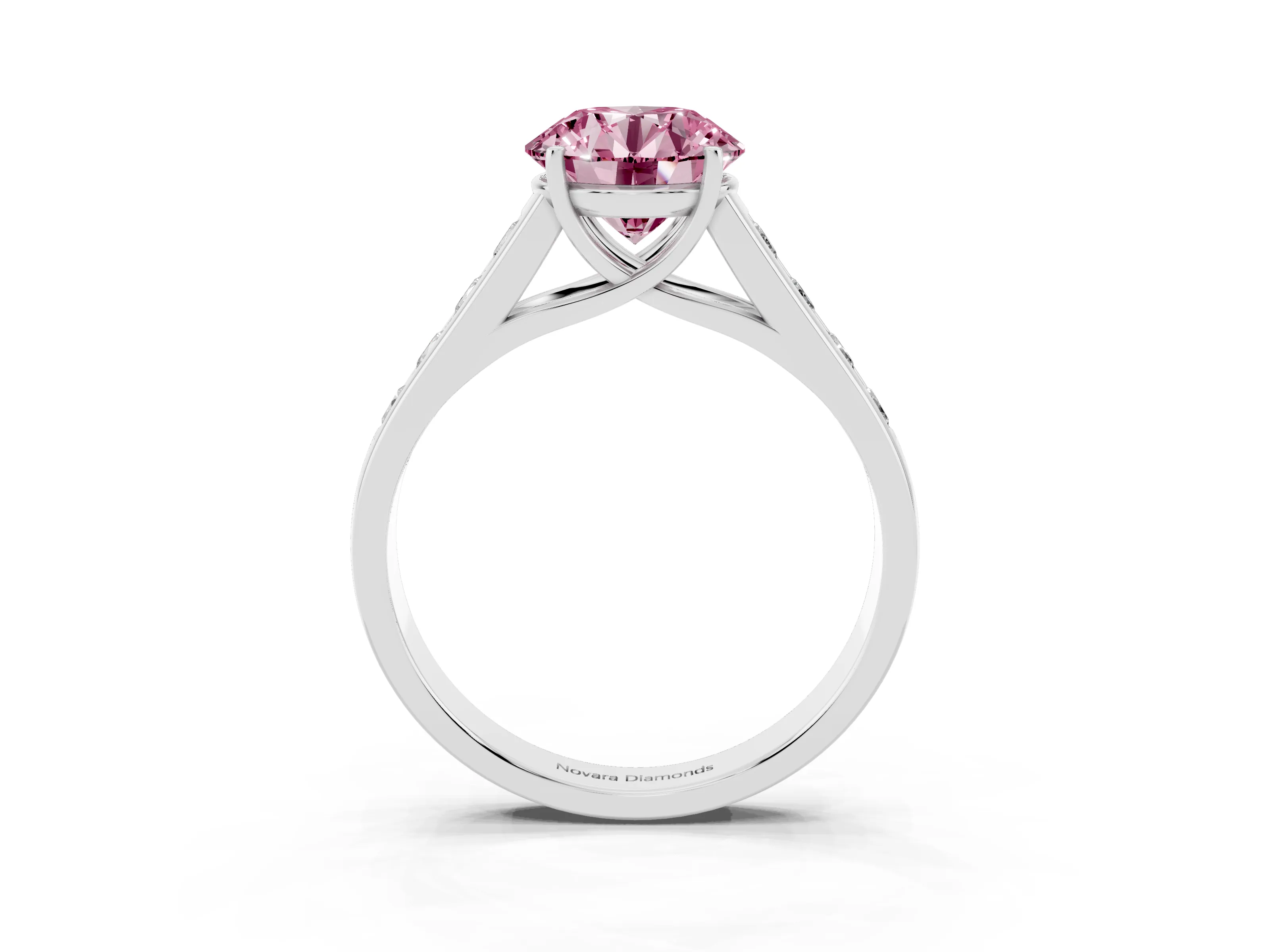 Fancy Pink Round Cut Diamond Solitaire Channel-Set Engagement Ring Set in Silver with Prong Setting