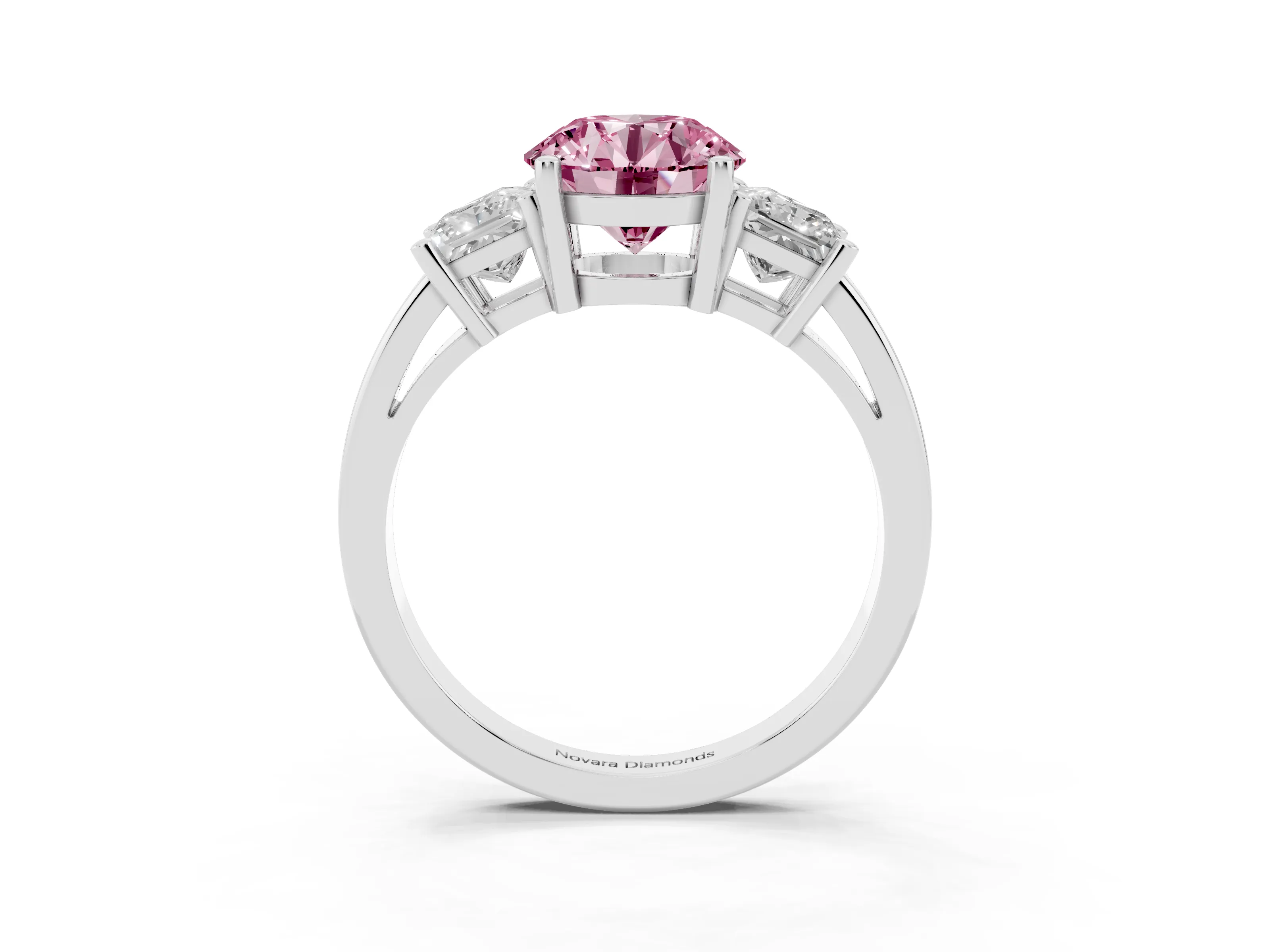 Fancy Pink Three-Stone Round Cut Diamond Solitaire Ring Set in White gold with Prong Setting