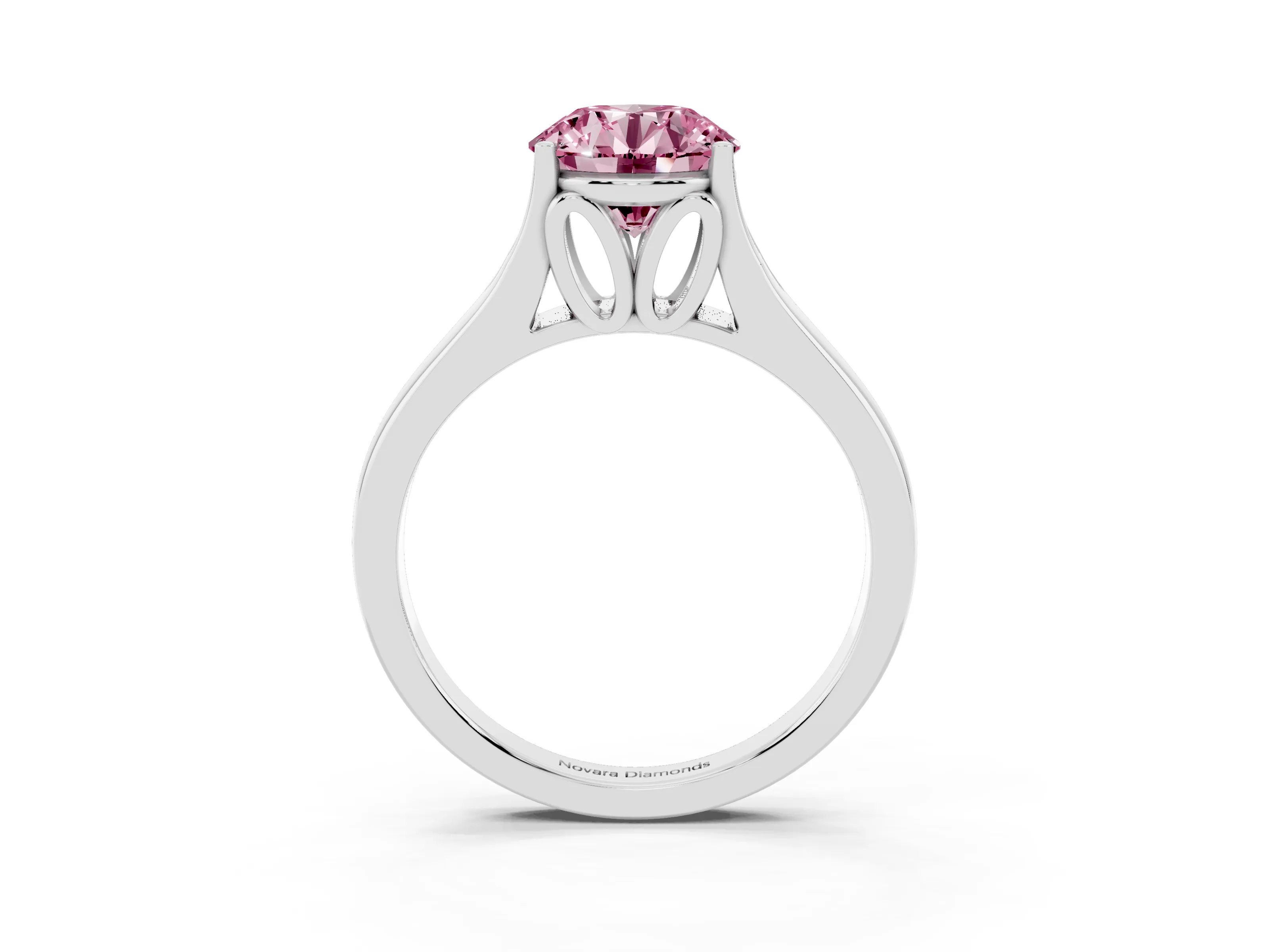 Fancy Pink Round Cut Diamond Solitaire Ring Set in White gold with Arched Cathedral Band and Prong Setting