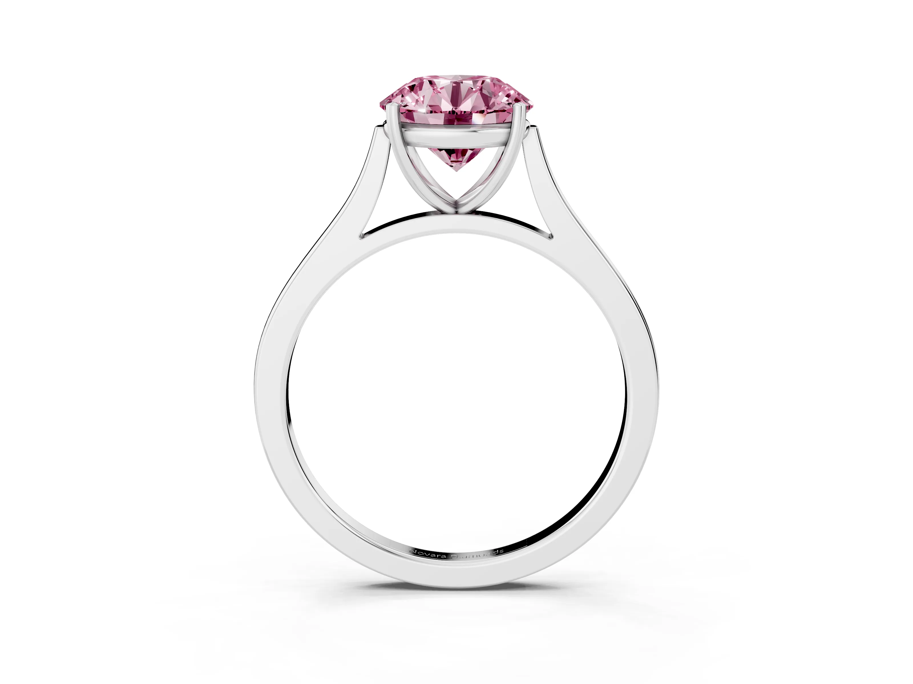 Fancy Pink Round Cut Diamond Solitaire Heart Prong Engagement Ring Set in Platinum with Tapered Band