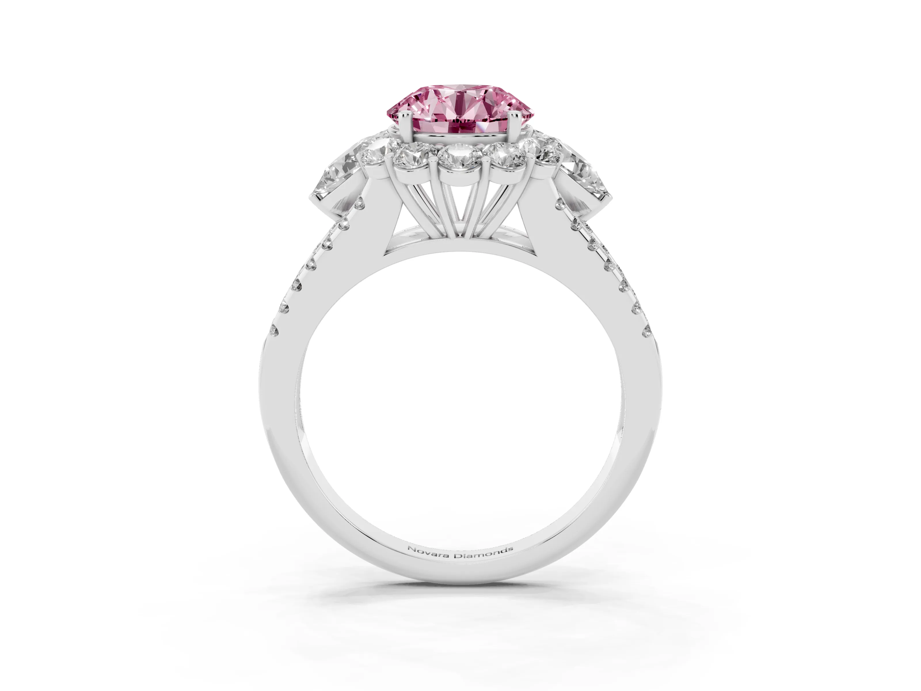 Fancy Pink Round Cut Diamond Halo Split Shank Engagement Ring Set in Platinum with Prong-Held Center Stone