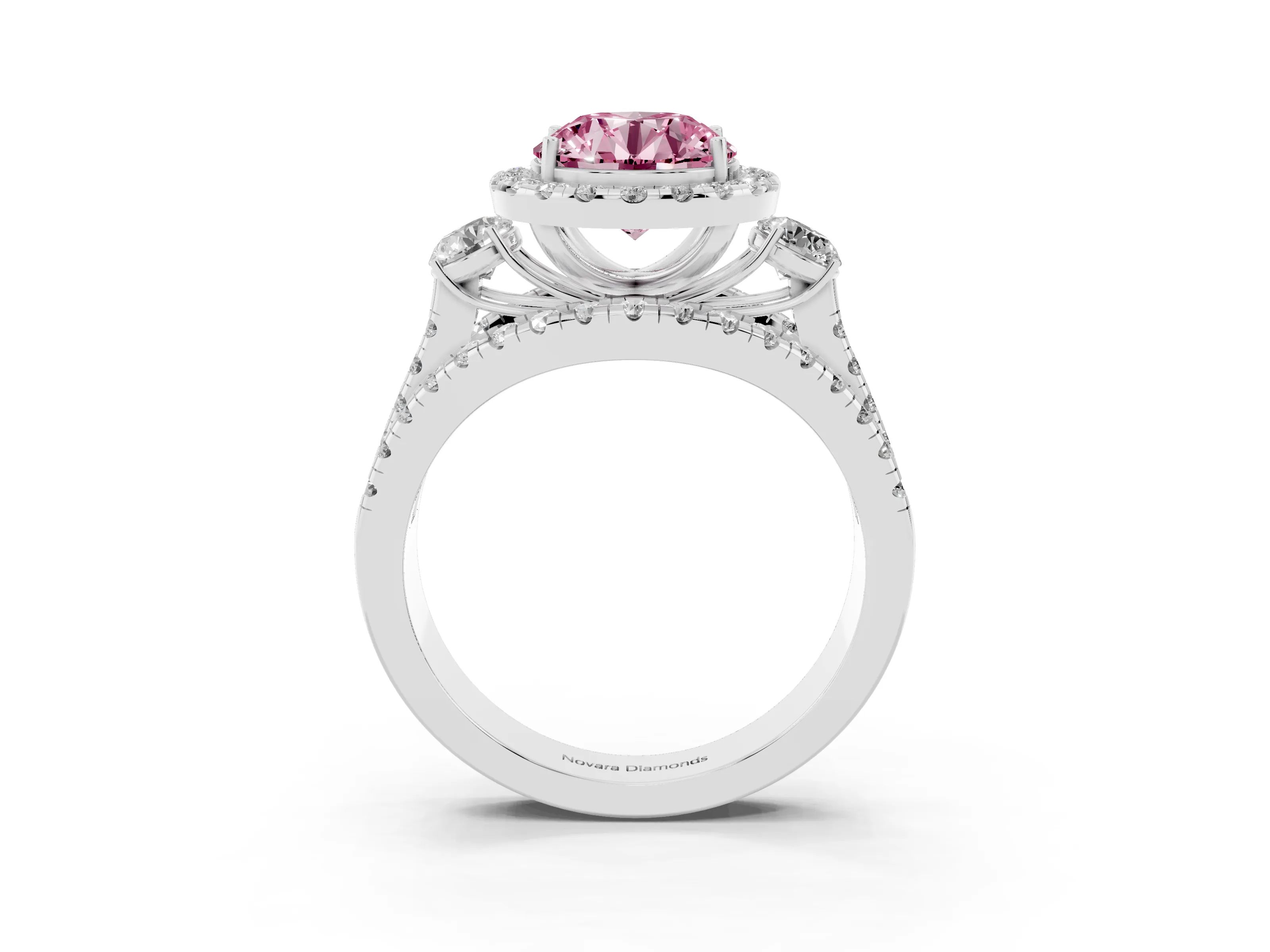 Fancy Pink Round Cut Diamond Halo Split Shank Ring Set in White gold with Round Accent Stones and Prong Setting